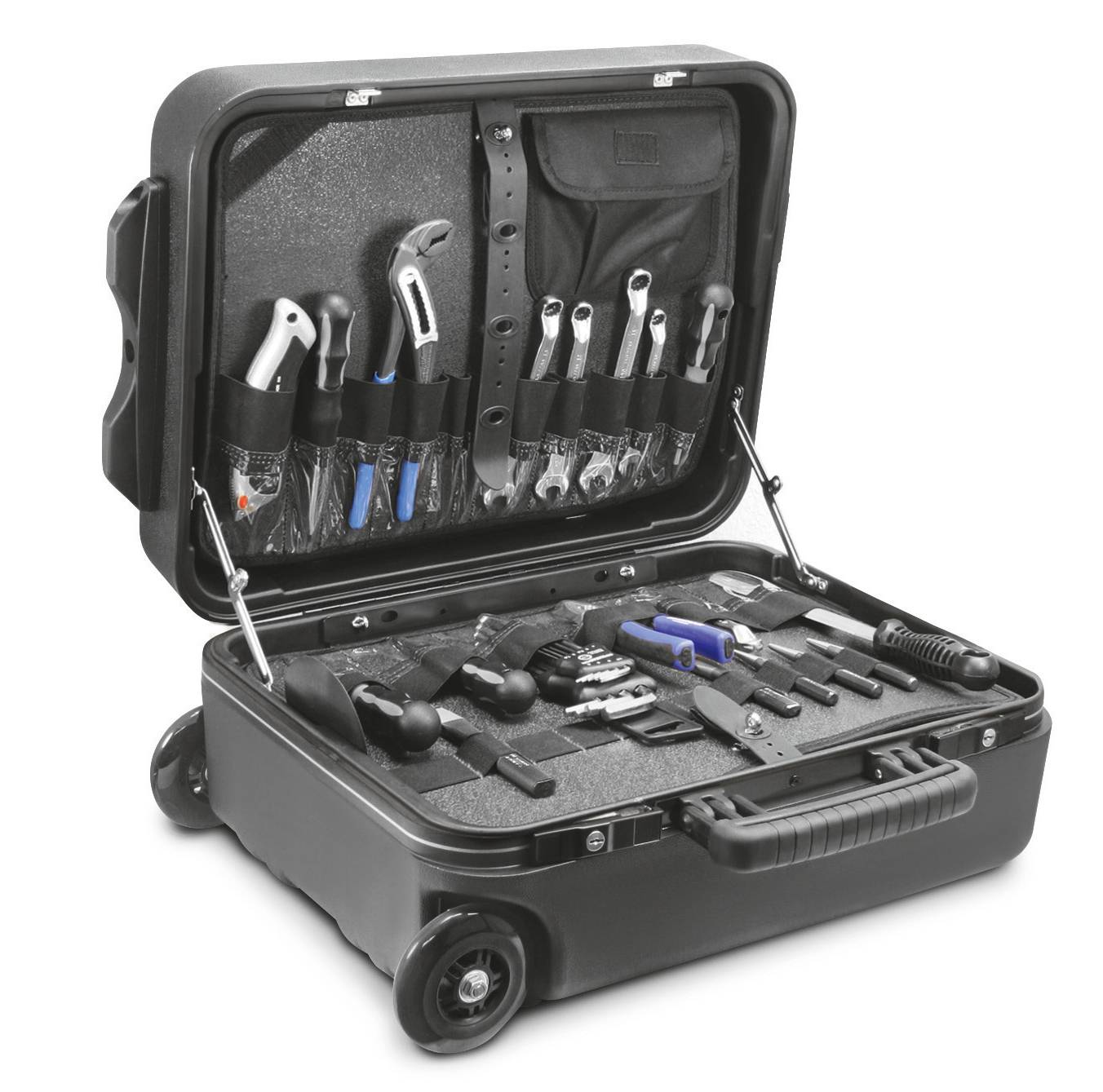 Ein geöffneter Werkzeugkoffer mit verschiedenen Handwerkzeugen, darunter Schraubenschlüssel, Zangen und Schraubendreher, ordentlich angeordnet.