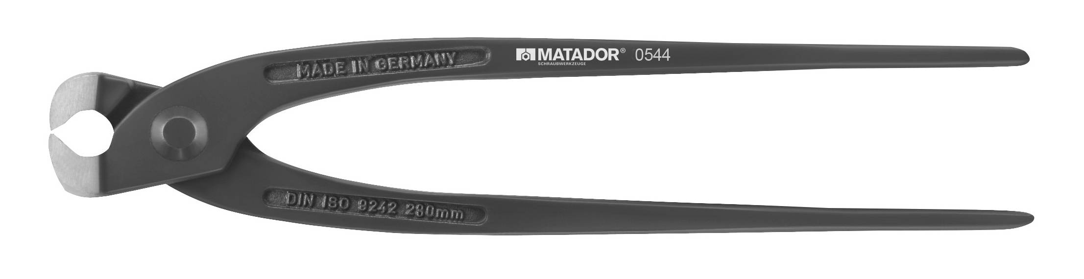 Schwarze Kneifzange von Matador mit der Aufschrift 'Made in Germany' und Norm 'DIN ISO 9242, 280mm', auf weißem Hintergrund.