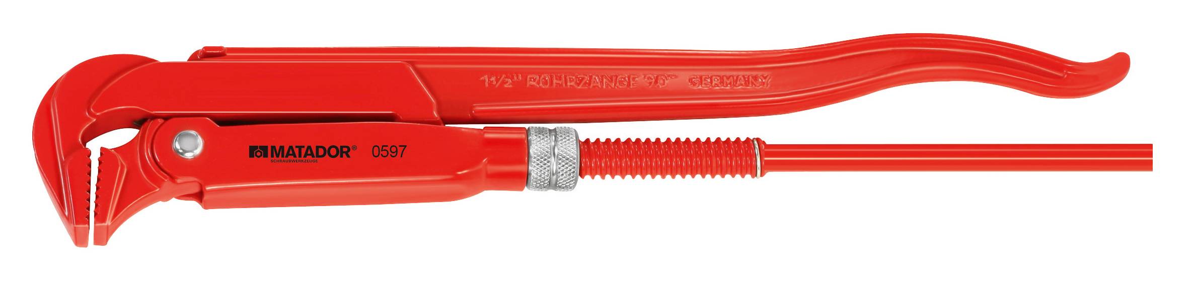 Rote Rohrzange der Marke 'Matador 0697'. Sie hat einen gebogenen Griff und gezackte Backen zum Greifen von Rohren.
