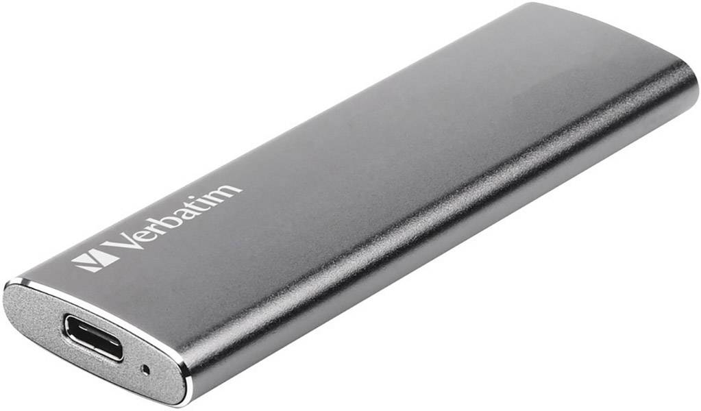 Externe SSD-Festplatte von Verbatim in einem schlanken, silbernen Gehäuse mit USB-C-Anschluss, geeignet für schnellen Datentransfer.
