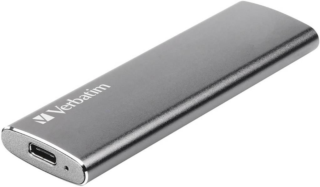 Externe SSD-Festplatte von Verbatim in schlankem, silbernem Design mit USB-C-Anschluss, geeignet für schnellen Datentransfer.