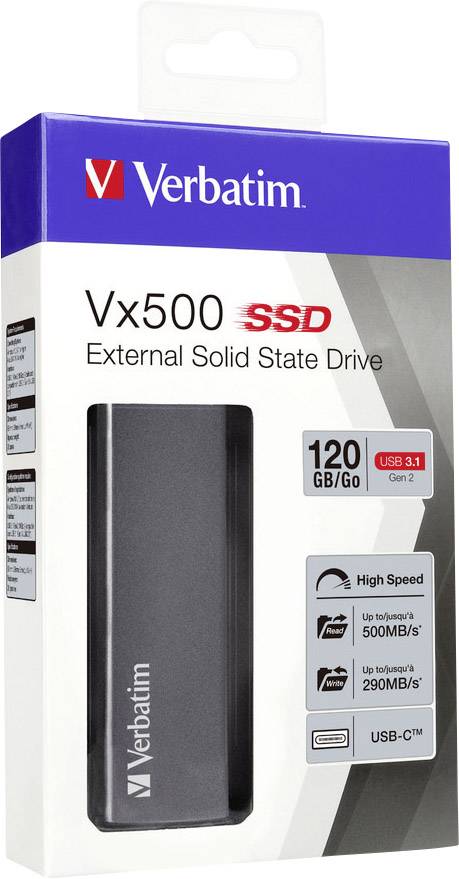 Externe SSD 'Verbatim Vx500' mit 120 GB, USB 3.1 Gen 2. Verpackung zeigt hohe Geschwindigkeit von bis zu 500 MB/s lesend, 290 MB/s schreibend.
