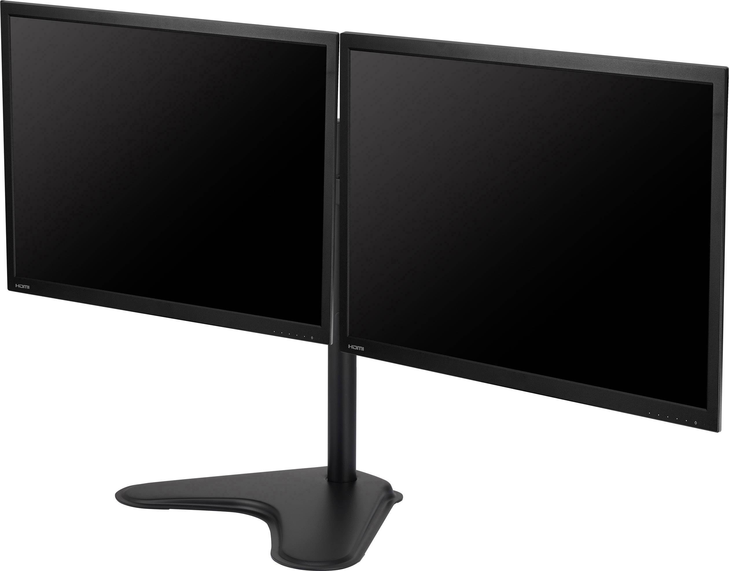 Zwei schwarze Computerbildschirme auf einem gemeinsamen Standfuß, nebeneinander angeordnet, zeigen eine leere Anzeige.