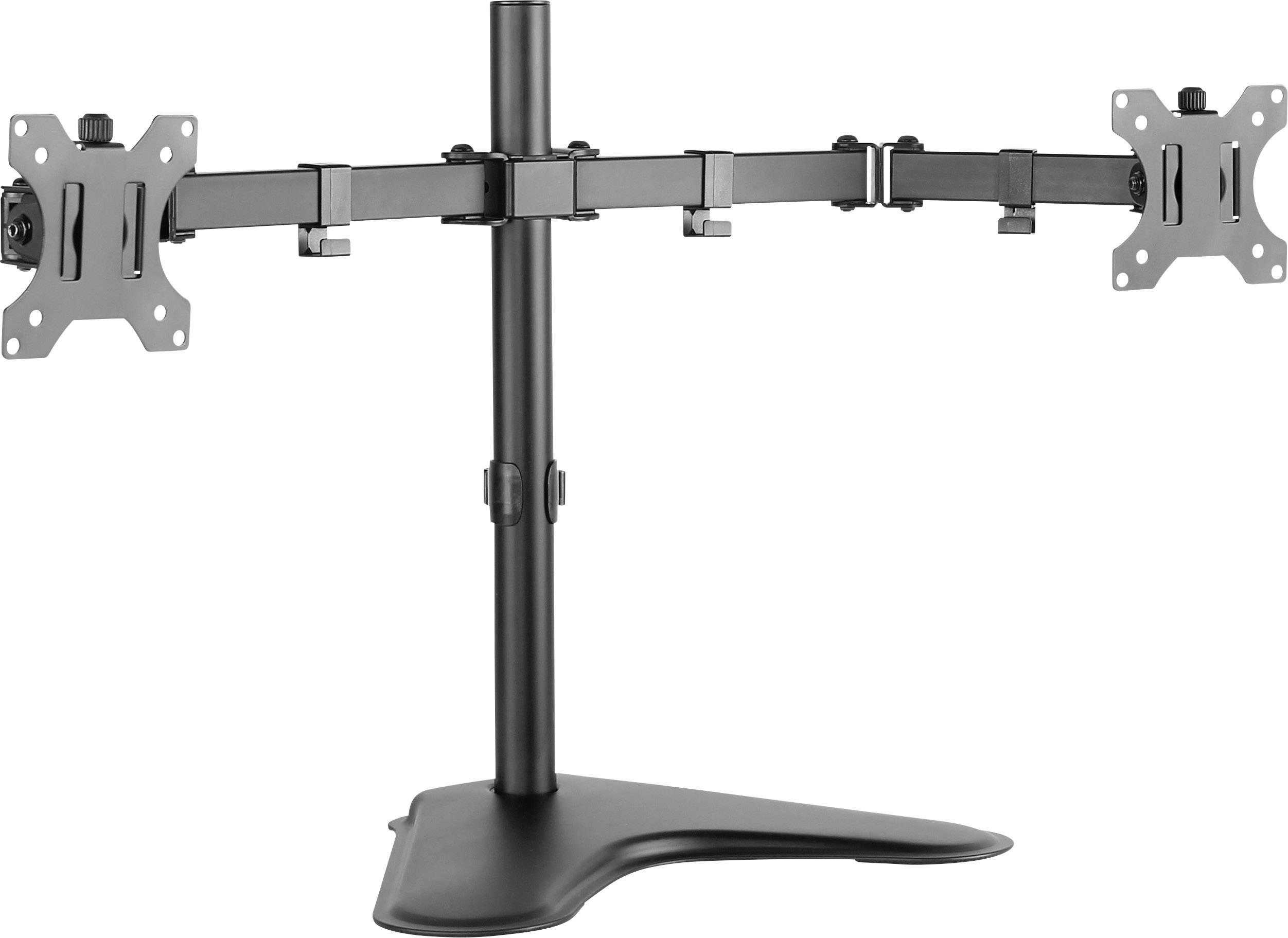 Ein schwarzer Dual-Monitor-Standfuß mit V-förmiger Basis, verstellbaren Armen und VESA-Halterungen für die Montage von zwei Monitoren.