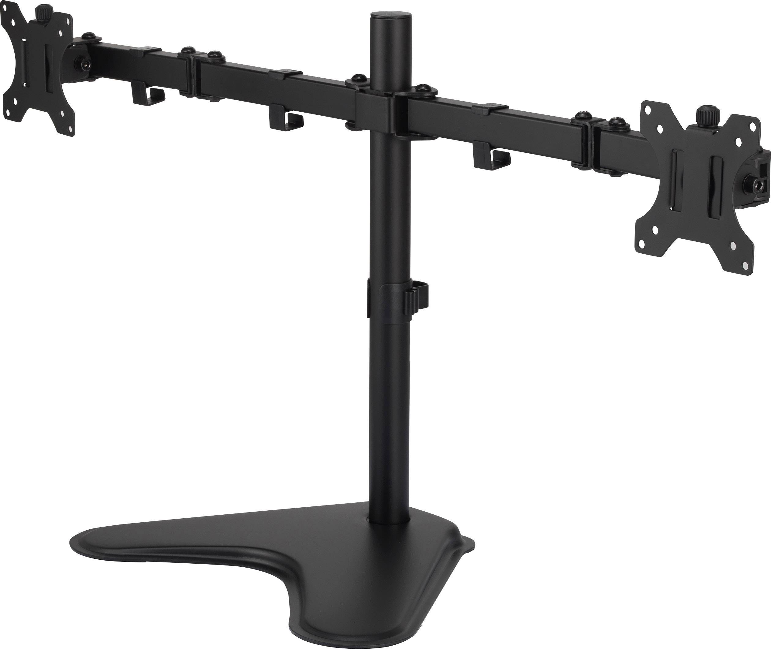 Schwarzer Dual-Monitor-Ständer mit V-förmiger Basis, zwei verstellbare Arme mit VESA-Halterungen, geeignet für ergonomische Arbeitsplatzanpassung.
