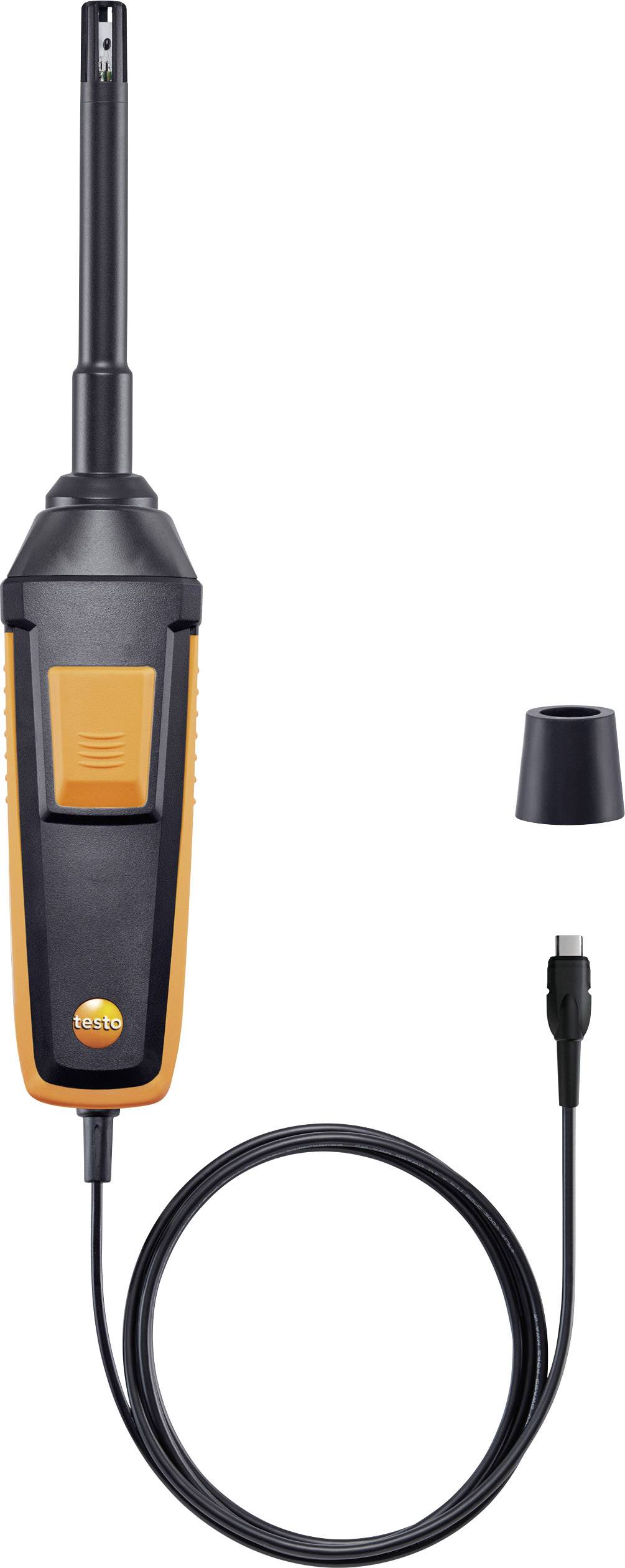 Ein digitaler Temperatur- und Feuchtigkeitssensor mit einem langen Messfühler, einer Schutzkappe und einem USB-C-Kabel zur Verbindung.