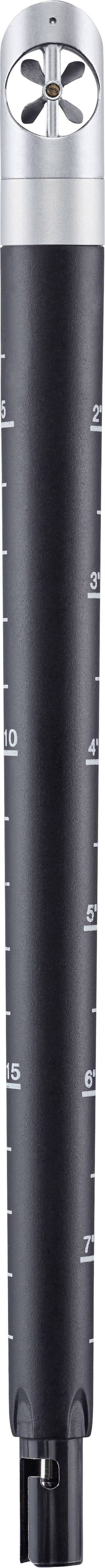 Ein schwarzes, zylindrisches Mikrofon von oben gesehen, mit silbernem Gitter am oberen Ende und seitlich eingravierten Markierungen.