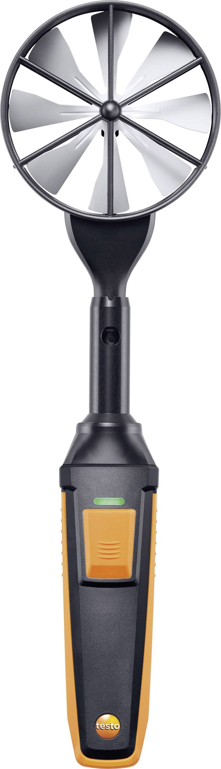 Ein Anemometer mit großem, sichtbarem Propeller und orange-schwarzem Griff, zur Messung von Luftgeschwindigkeit und Durchfluss.