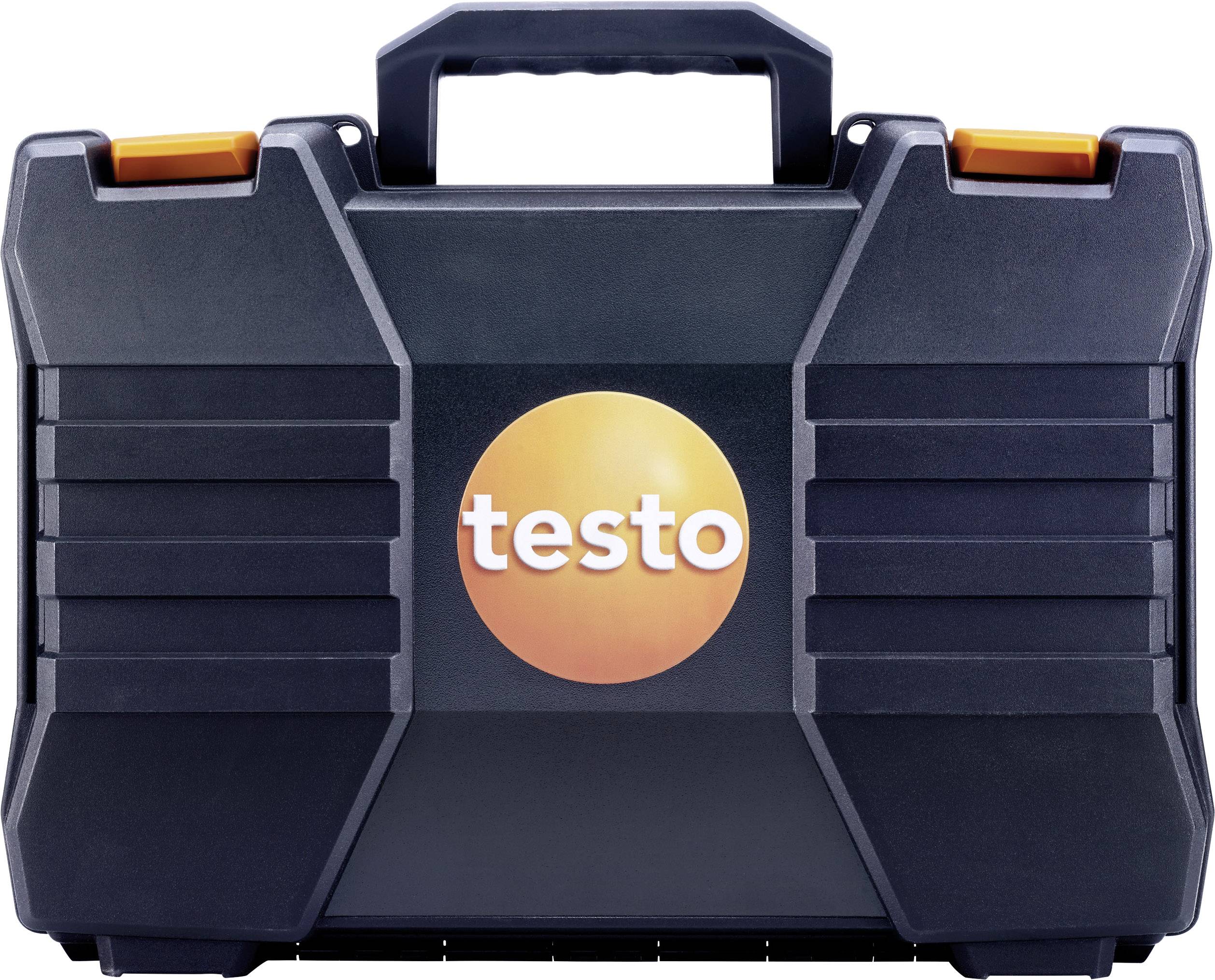 Schwarzer Werkzeugkoffer mit orangefarbenem 'testo'-Logo in der Mitte. Die Seiten haben gerippte Details.