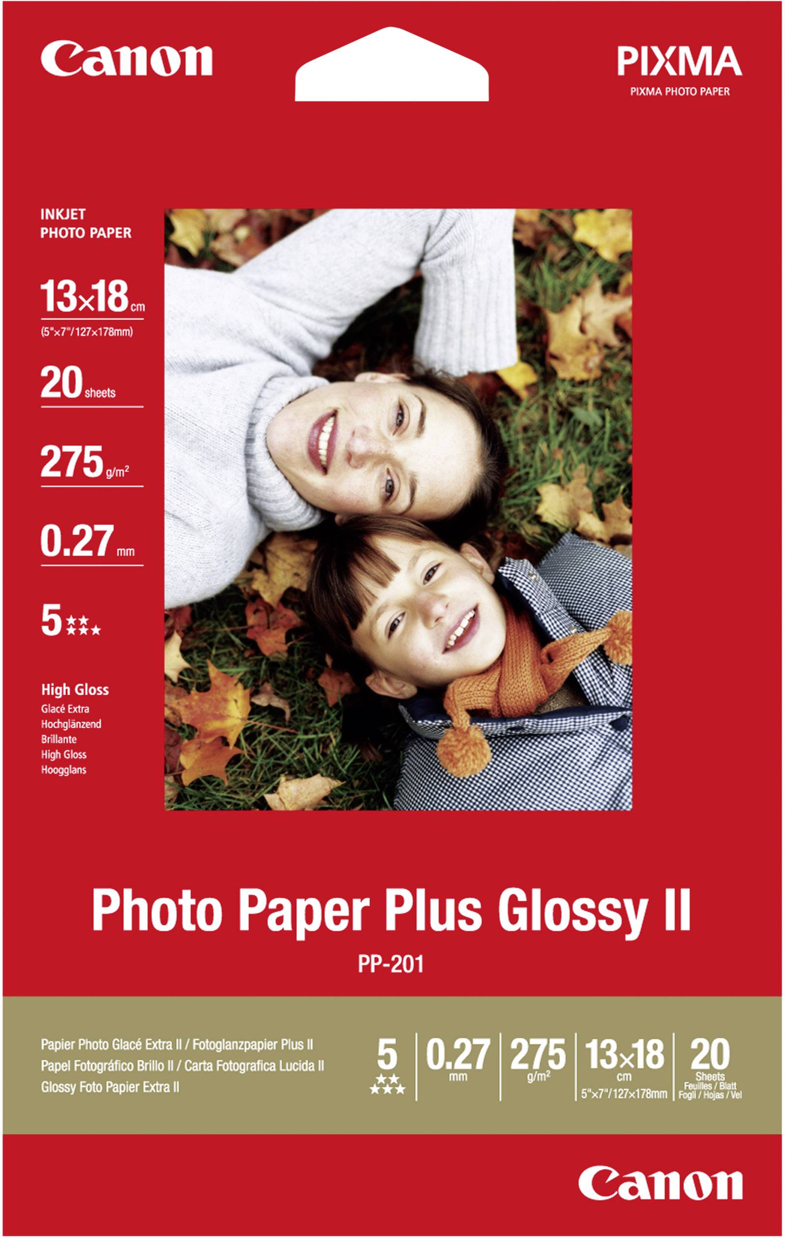 Verpackung von Canon Foto-Papier Plus Glossy II, 20 Blatt, 13x18 cm, Hochglanz, geeignet für PIXMA-Drucker. Bild einer Frau und eines Kindes.