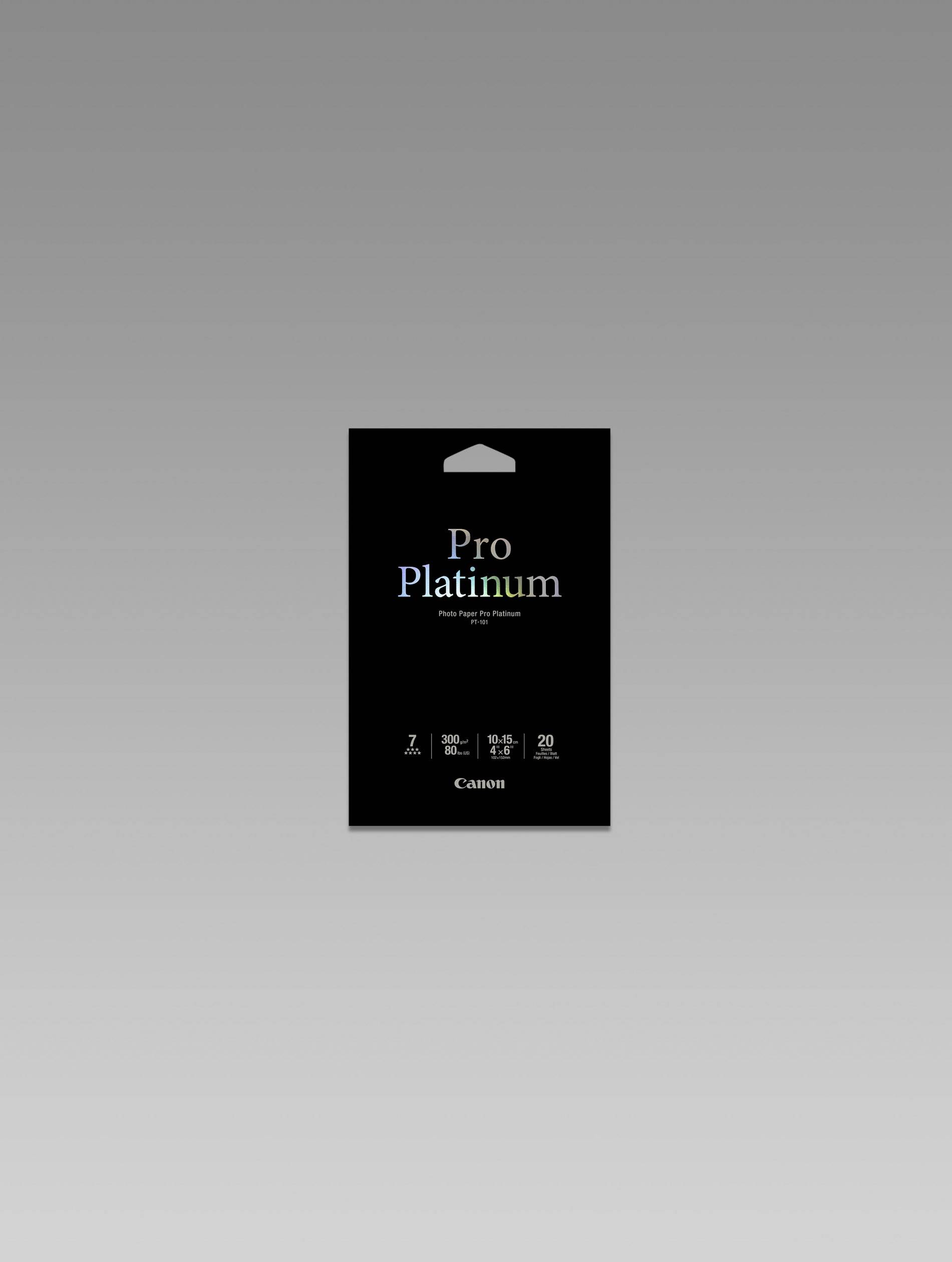 Ein schwarzes Paket mit der Aufschrift 'Pro Platinum' für Fotopapier, Größe A4, Marke Canon. Enthält 20 Blatt und eignet sich für hochauflösende Drucke.