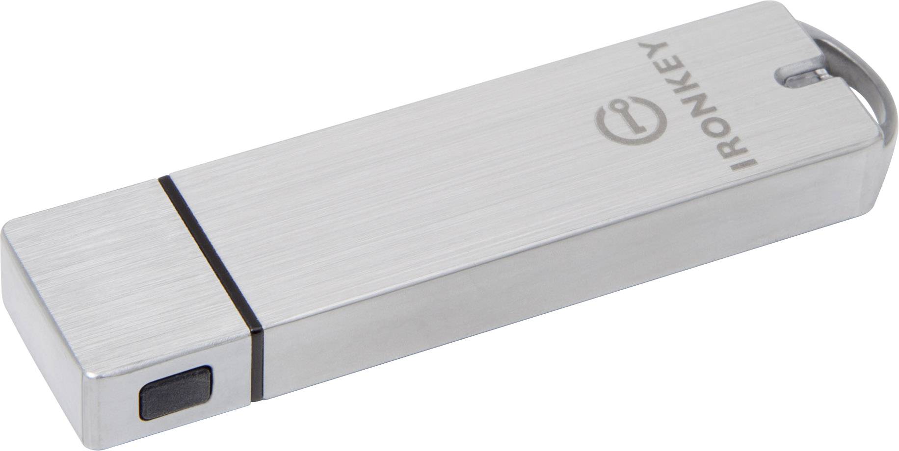 USB-Stick aus Metall mit der Aufschrift 'IRONKEY' und einem schwarzen Knopf an der Seite.