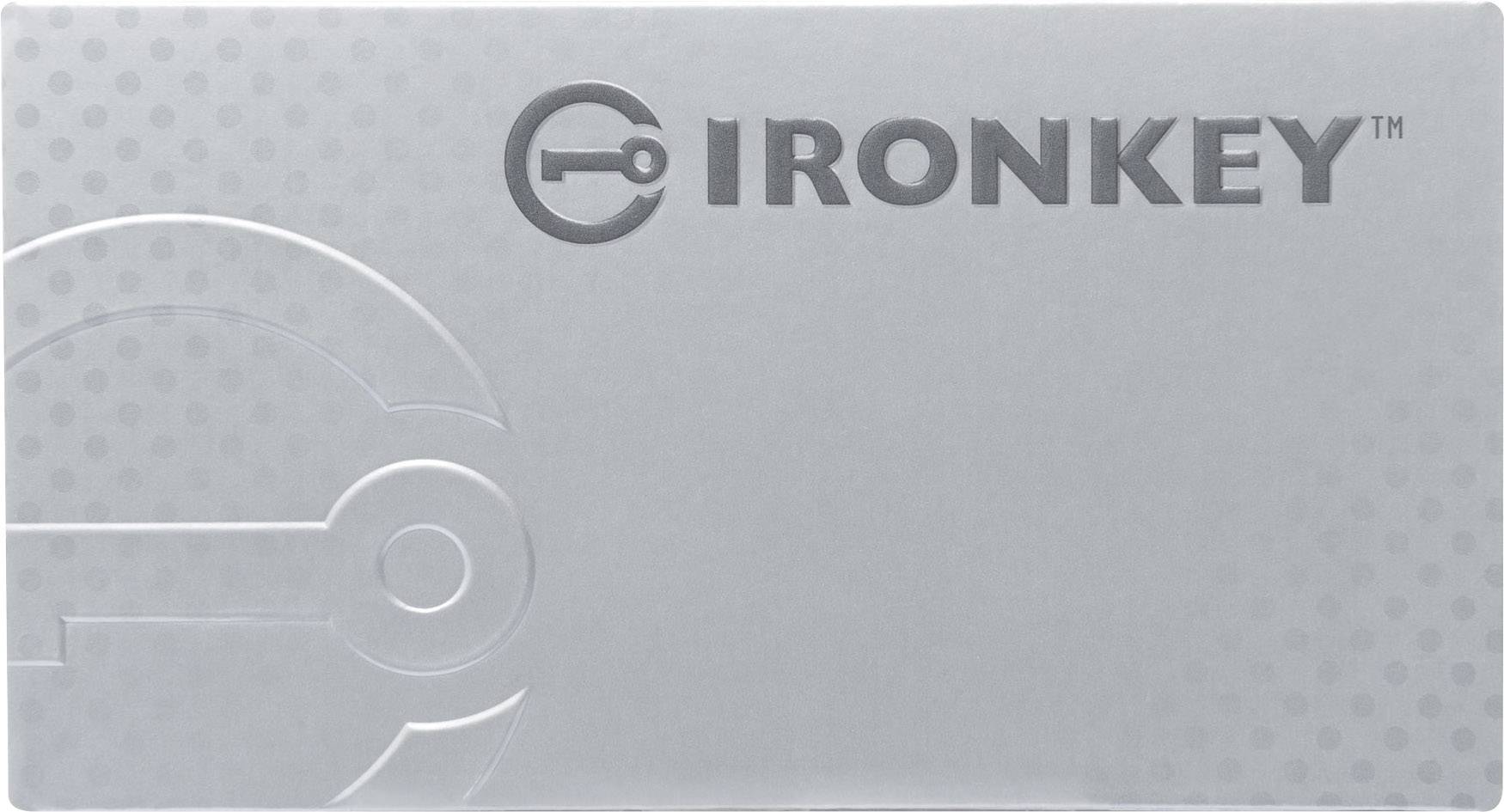 Graue Verpackung mit dem Logo und Schriftzug 'IRONKEY' oben rechts. Links sind kreisförmige Muster eingeprägt.