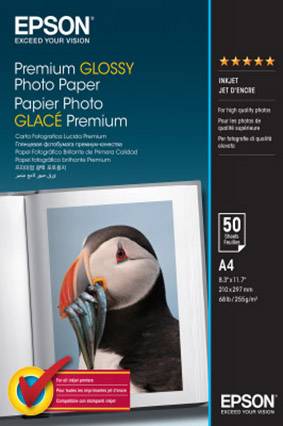 Verpackung von Epson Premium Glossy Fotopapier A4. Zeigt ein Foto eines Papageientauchers. Enthält 50 Blatt mit einer Stärke von 255 g/m².