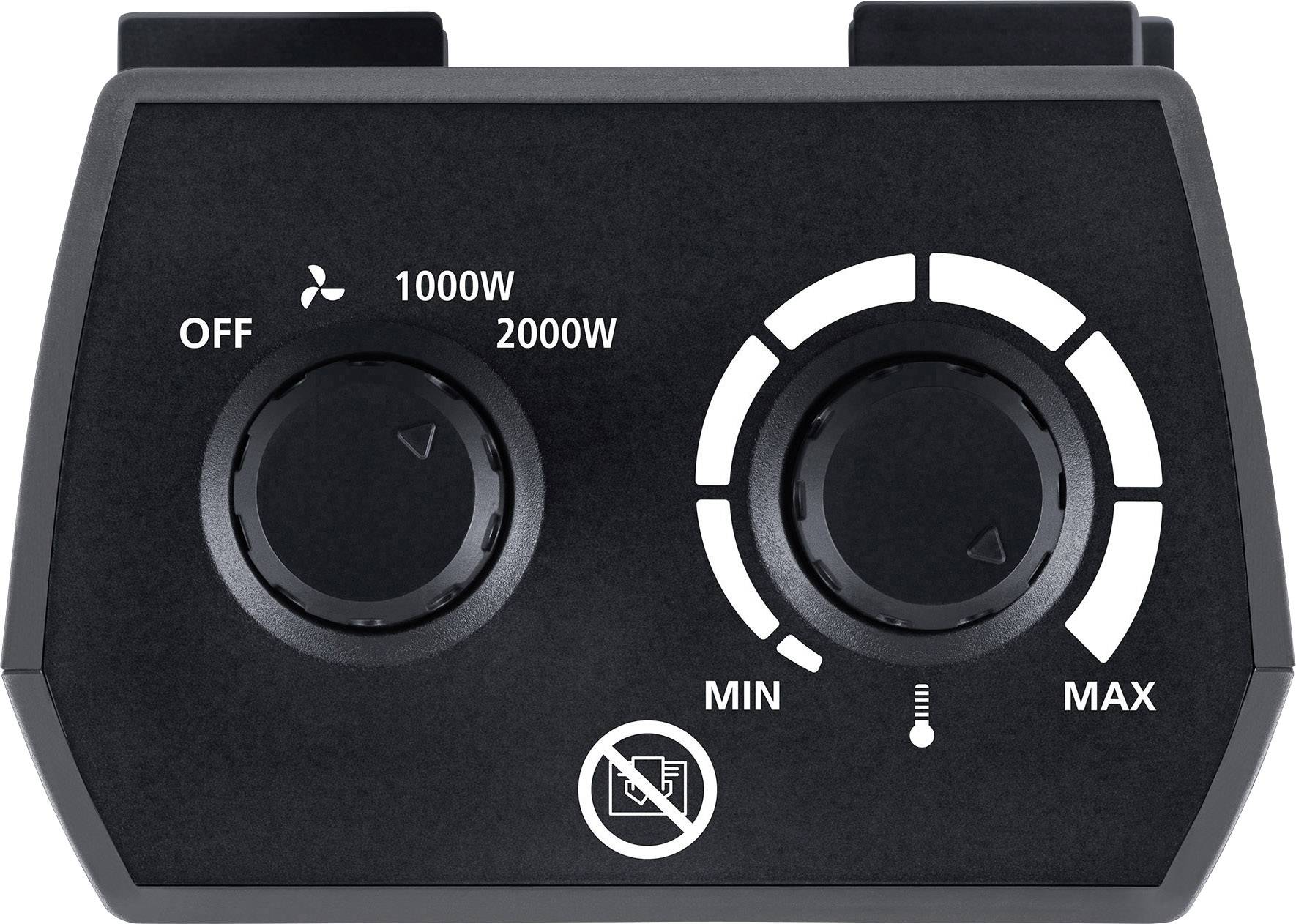 Regler für einen Heizlüfter. Links: Ein/Aus-Schalter mit 1000W und 2000W Einstellungen. Rechts: Thermostat von MIN bis MAX. Symbole für Luftstrom und Temperatur.