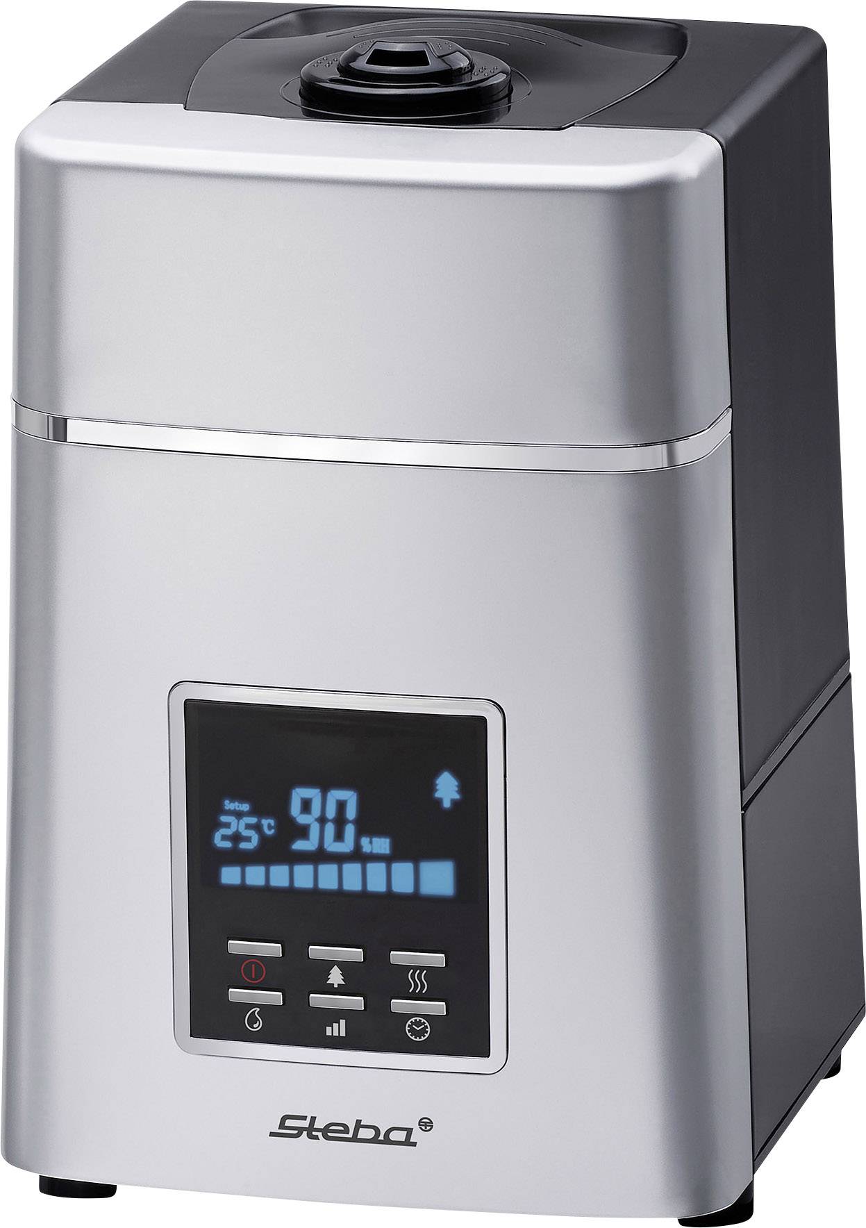 Ein silberner Luftbefeuchter mit einem digitalen Display zeigt 90% Luftfeuchtigkeit und 25°C an. Darunter Bedienelemente.