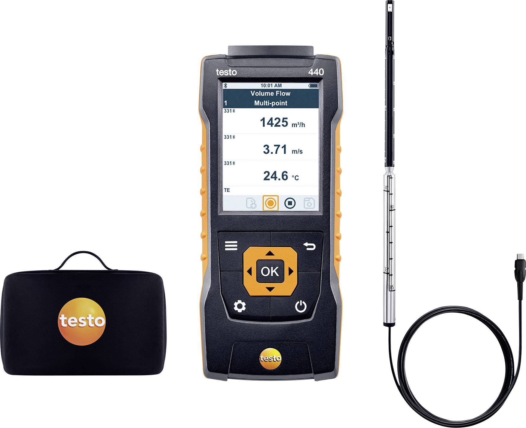 Handmessgerät mit Anzeige von: Volumenstrom 1425 m³/h, Geschwindigkeit 3.71 m/s, Temperatur 24.6 °C. Enthält Tasche und Sonde.