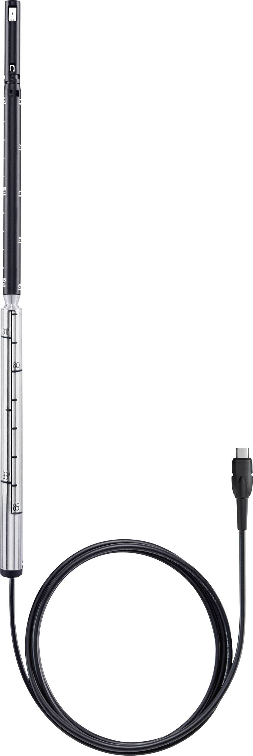 Ein langer silberner Sensor mit Kabelanschluss, verwendet zur Messung von Luftgeschwindigkeit und Volumenstrom in Lüftungsschächten.
