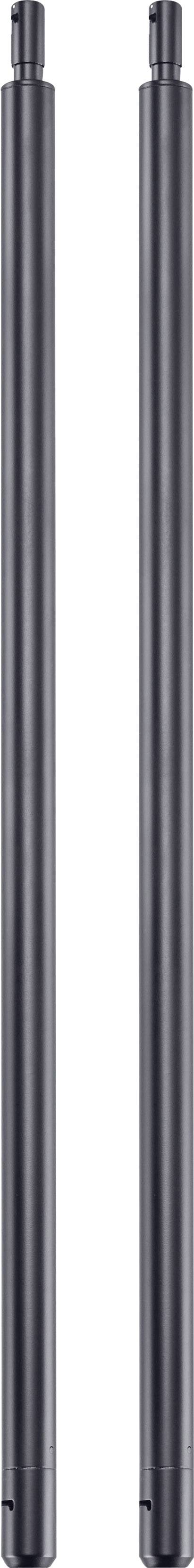Zwei lange, schwarze Metallstangen nebeneinander auf weißem Hintergrund.