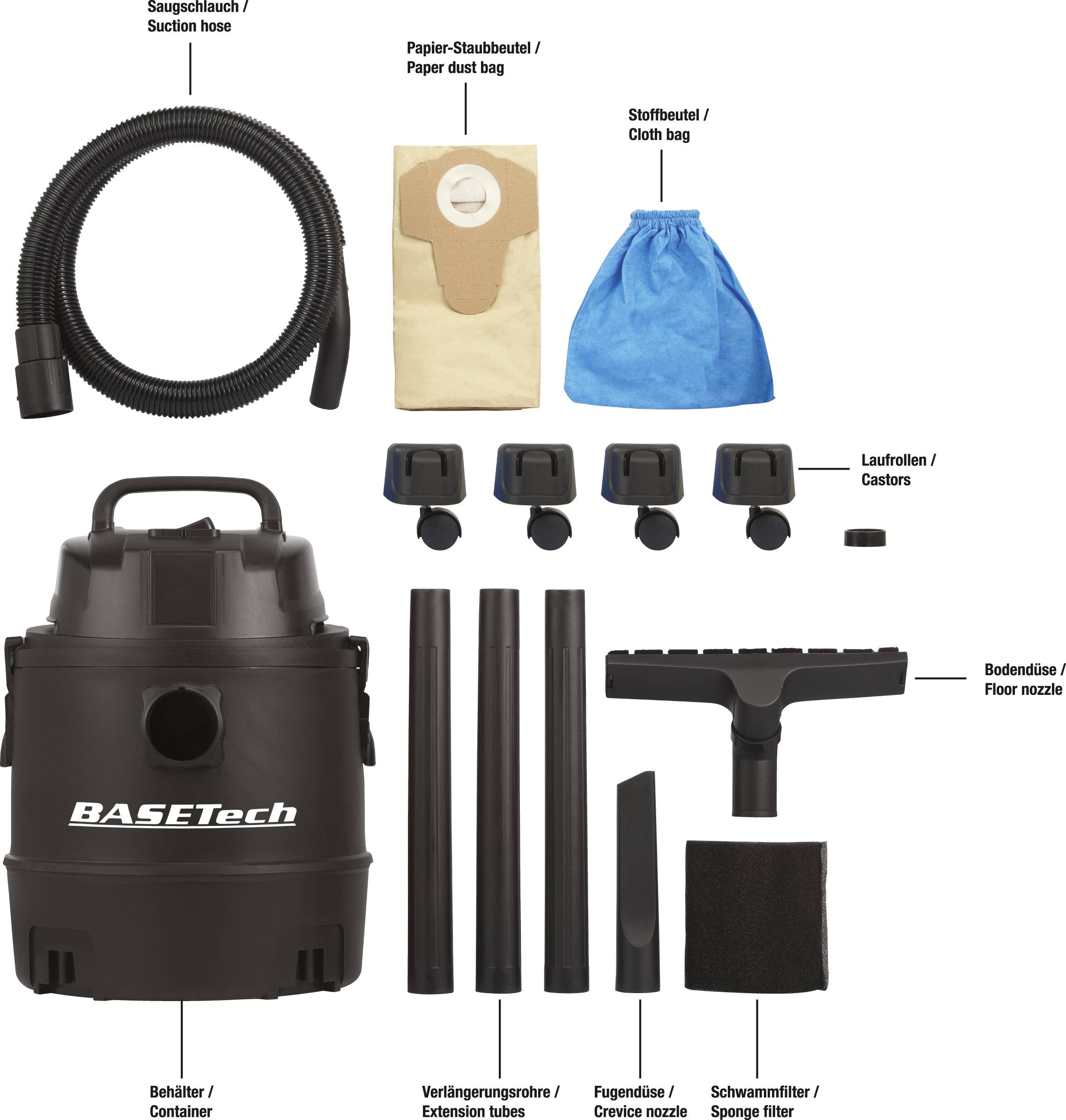 Basetech BT-VC-1250W 1661489 Wassersauger 1250W 20l Laubbläser