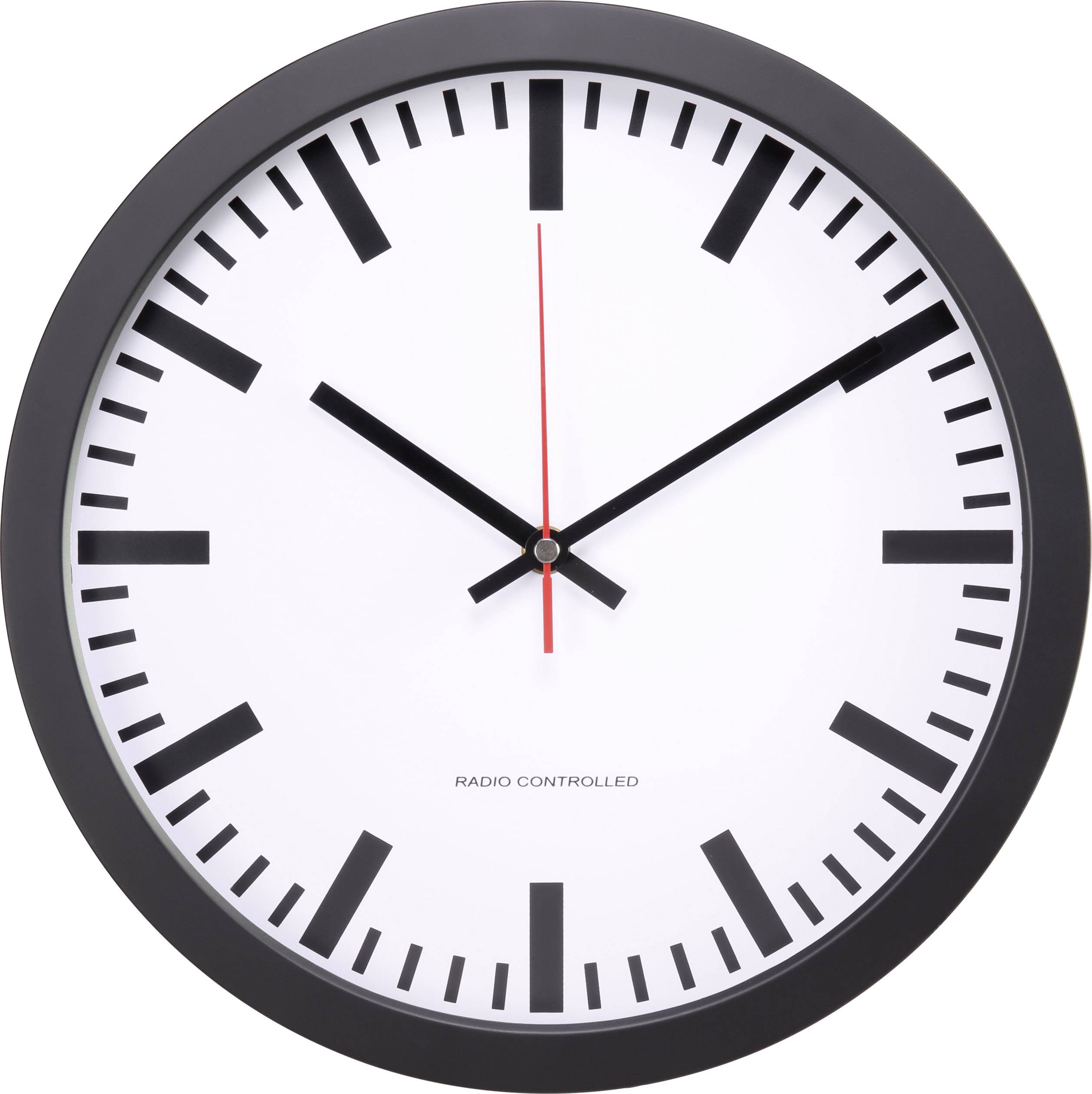 Eine analoge Wanduhr mit schwarzem Gehäuse und weißen Ziffernblatt zeigt 10:10 Uhr. Die Uhr hat einen roten Sekundenzeiger.