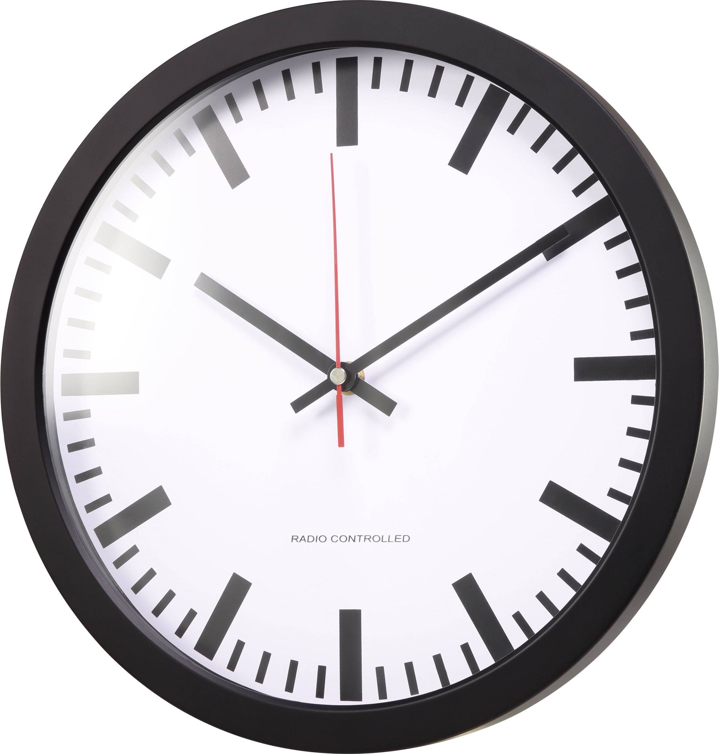 Runde Wanduhr mit schwarzem Rahmen und weißen Zifferblatt. Zeiger zeigen auf 10:10 Uhr. Unter den Zeigern steht 'Radio Controlled'.