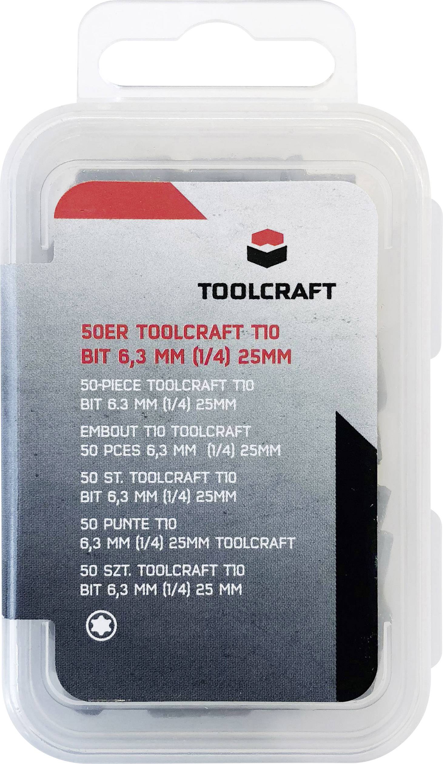 50-teiliges Bit-Set von Toolcraft, Größe T10, 6,3 mm (1/4 Zoll) und 25 mm lang. Verpackt in einer transparenten Kunststoffbox.