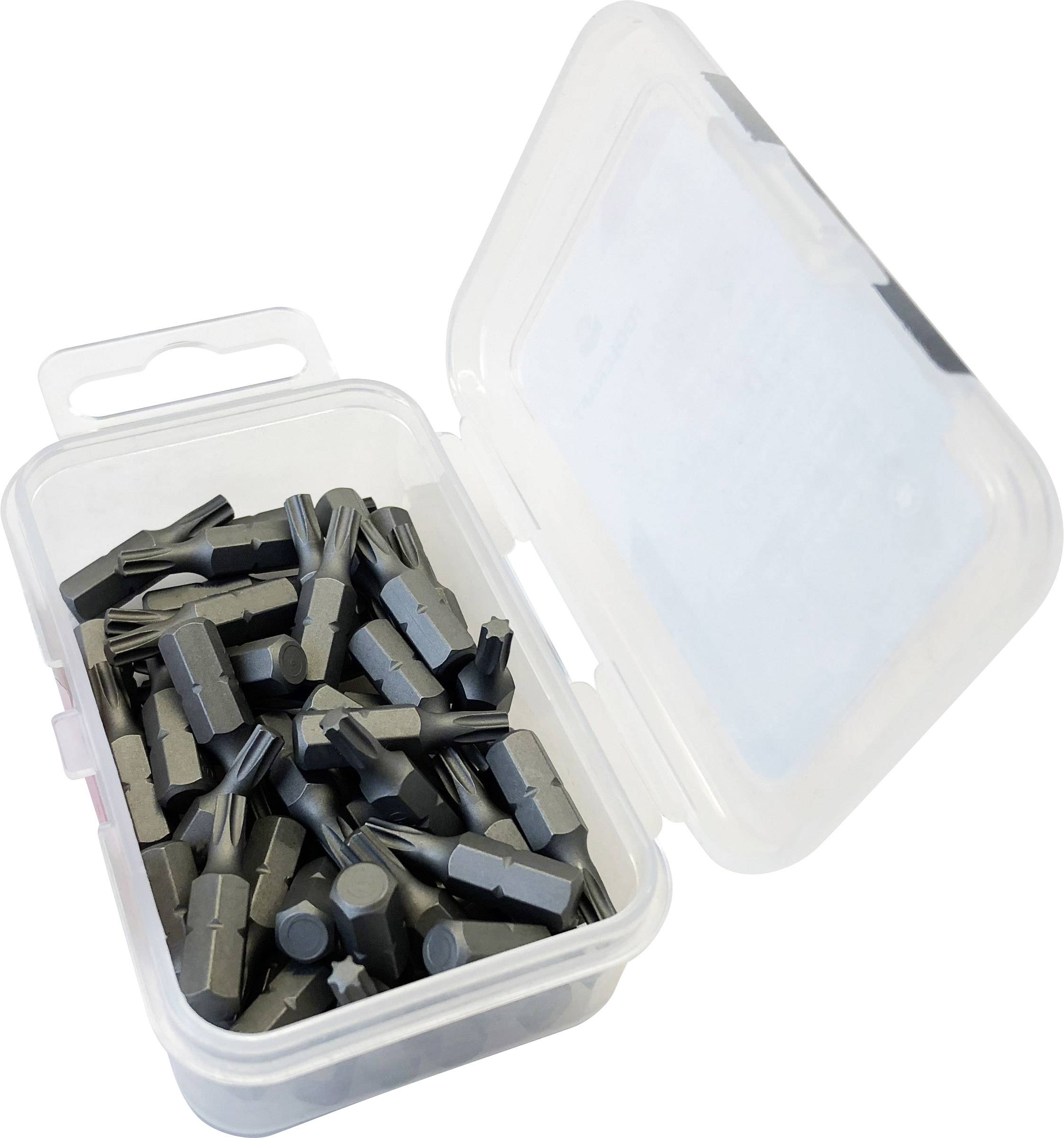 Eine geöffnete Plastikbox mit vielen schwarzen Dübeln. Die Box hat einen Griff und enthält eine große Menge an identischen Befestigungselementen.