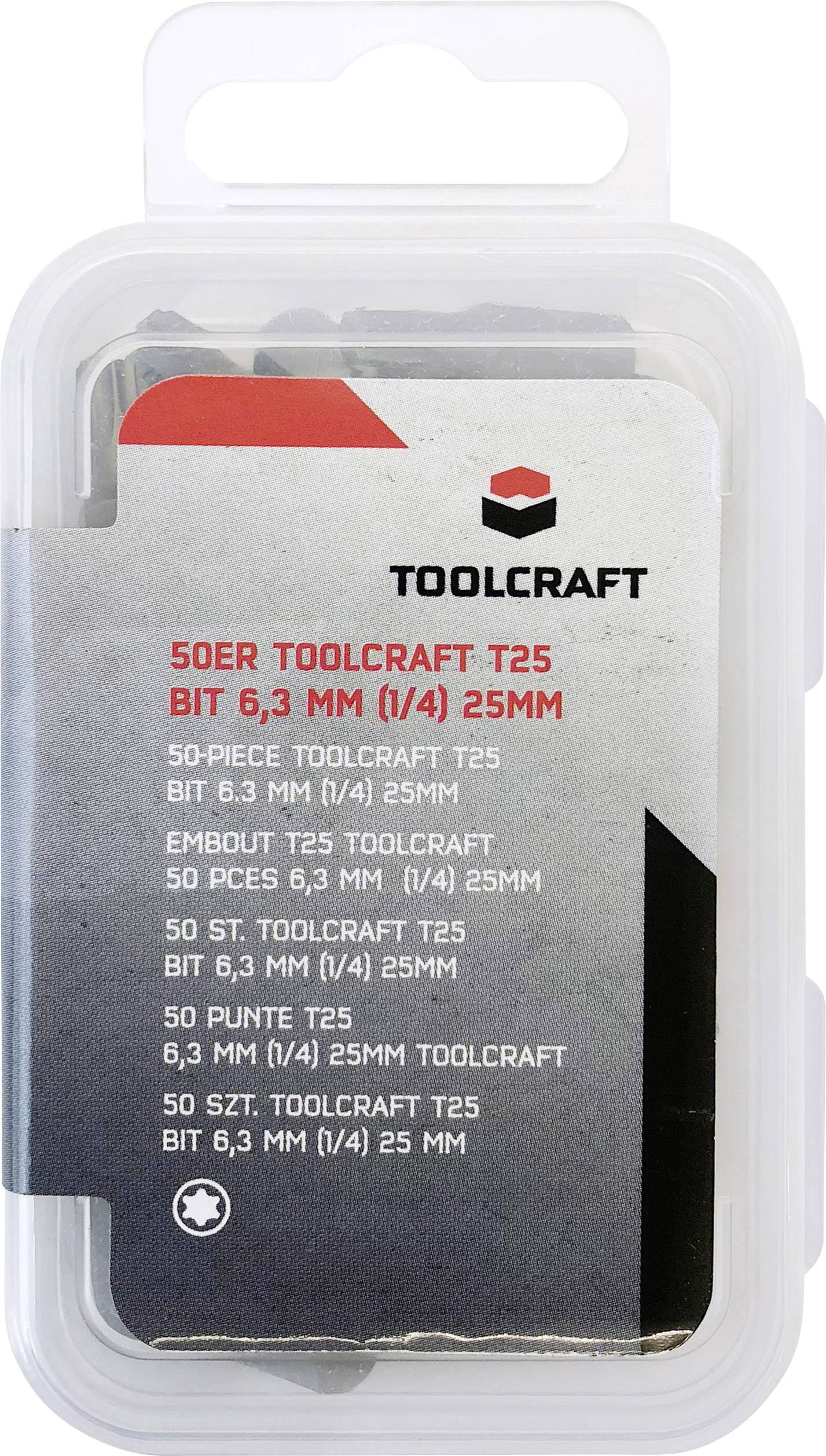Kunststoffbox mit 50 Stück T25 Schraubendreherbits von Toolcraft. Bits sind 6,3 mm (1/4 Zoll) und 25 mm lang.