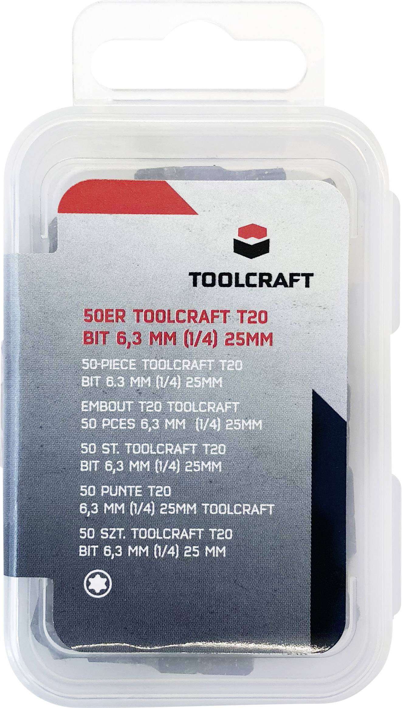 Die Verpackung zeigt einen 50-teiligen Toolcraft T20 Bitsatz, Größe 6,3 mm (1/4) x 25 mm.