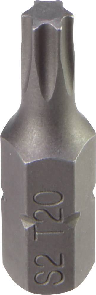 Nahaufnahme eines Bits für einen Schraubendreher, mit der Prägung 'S2 T20'. Das Bit hat eine sternförmige Spitze für Torx-Schrauben.