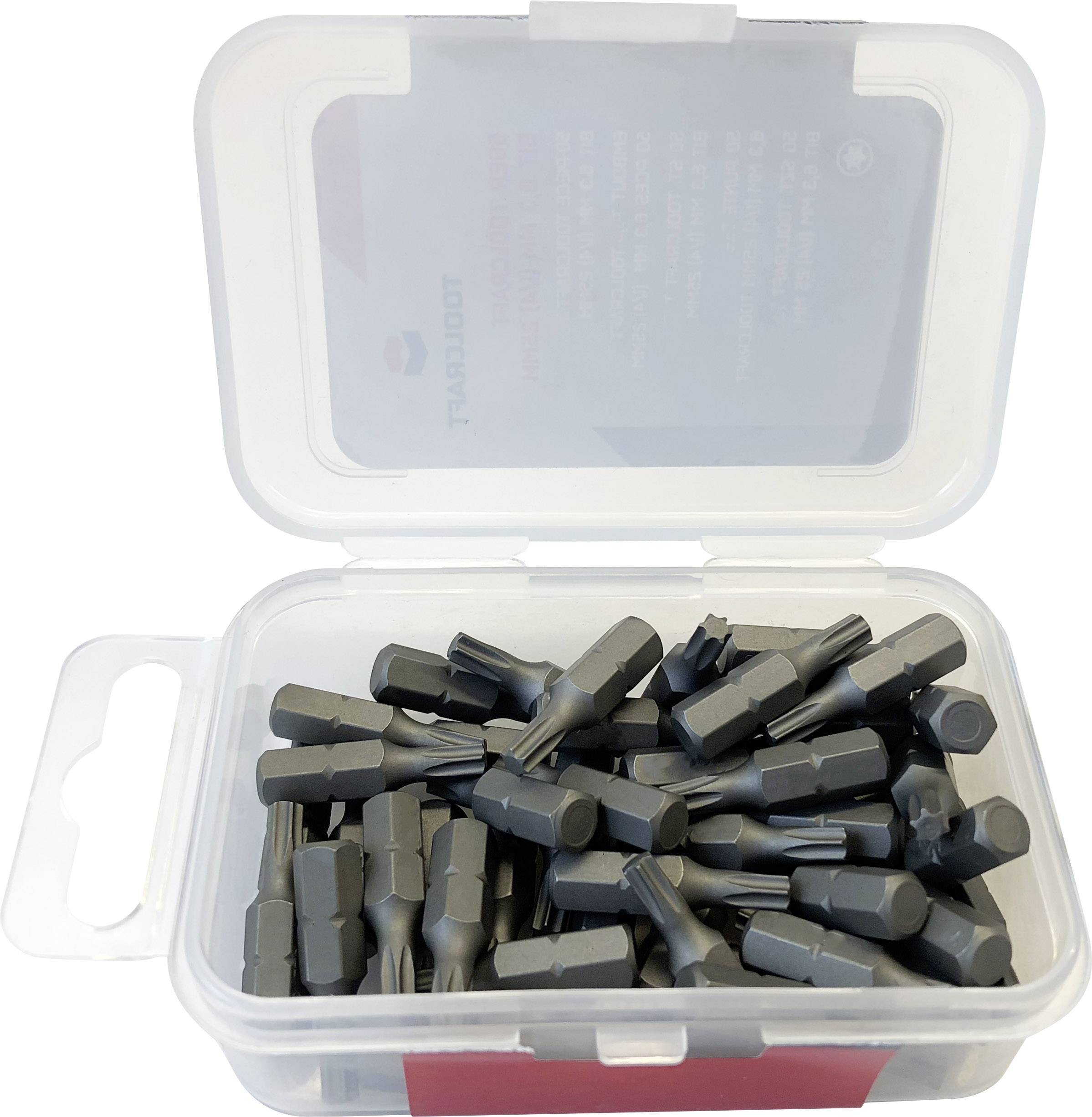 Eine offene Plastikbox voller grauer Schraubendreherbits.