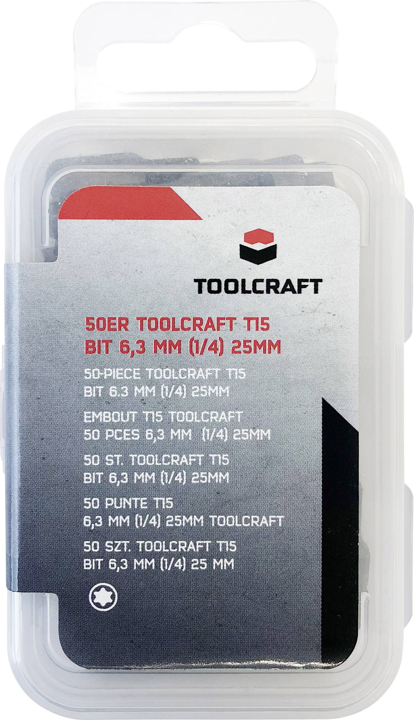 Eine Packung mit 50 T15 Bits von Toolcraft. Die Bits sind 6,3 mm (1/4) breit und 25 mm lang, geeignet für Schraubendreher.