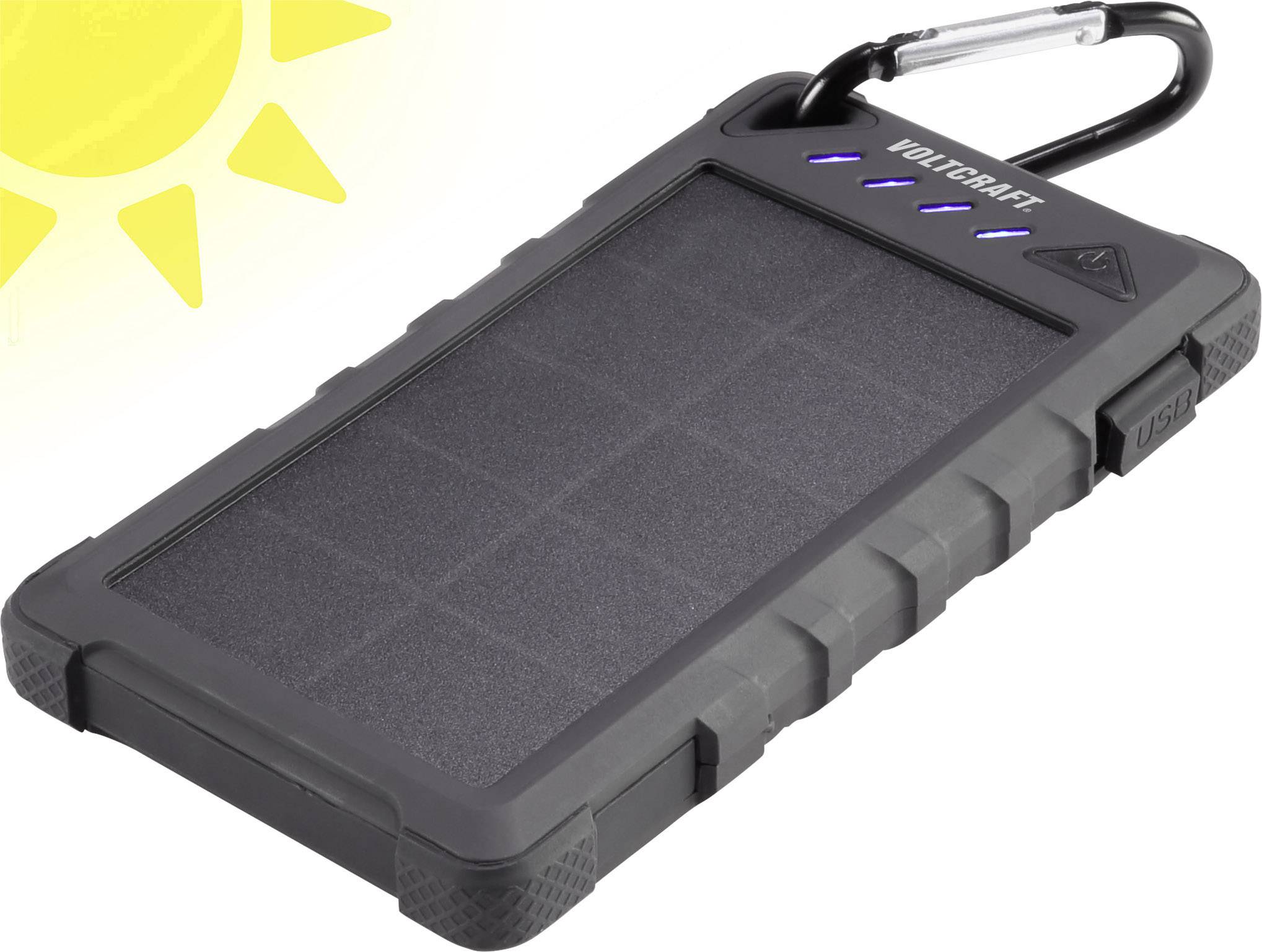 Powerbank mit Solarpanel und Karabiner, aufladbar durch Sonnenenergie. Oben links eine stilisierte Sonne. Markenname 'Voltcraft'.