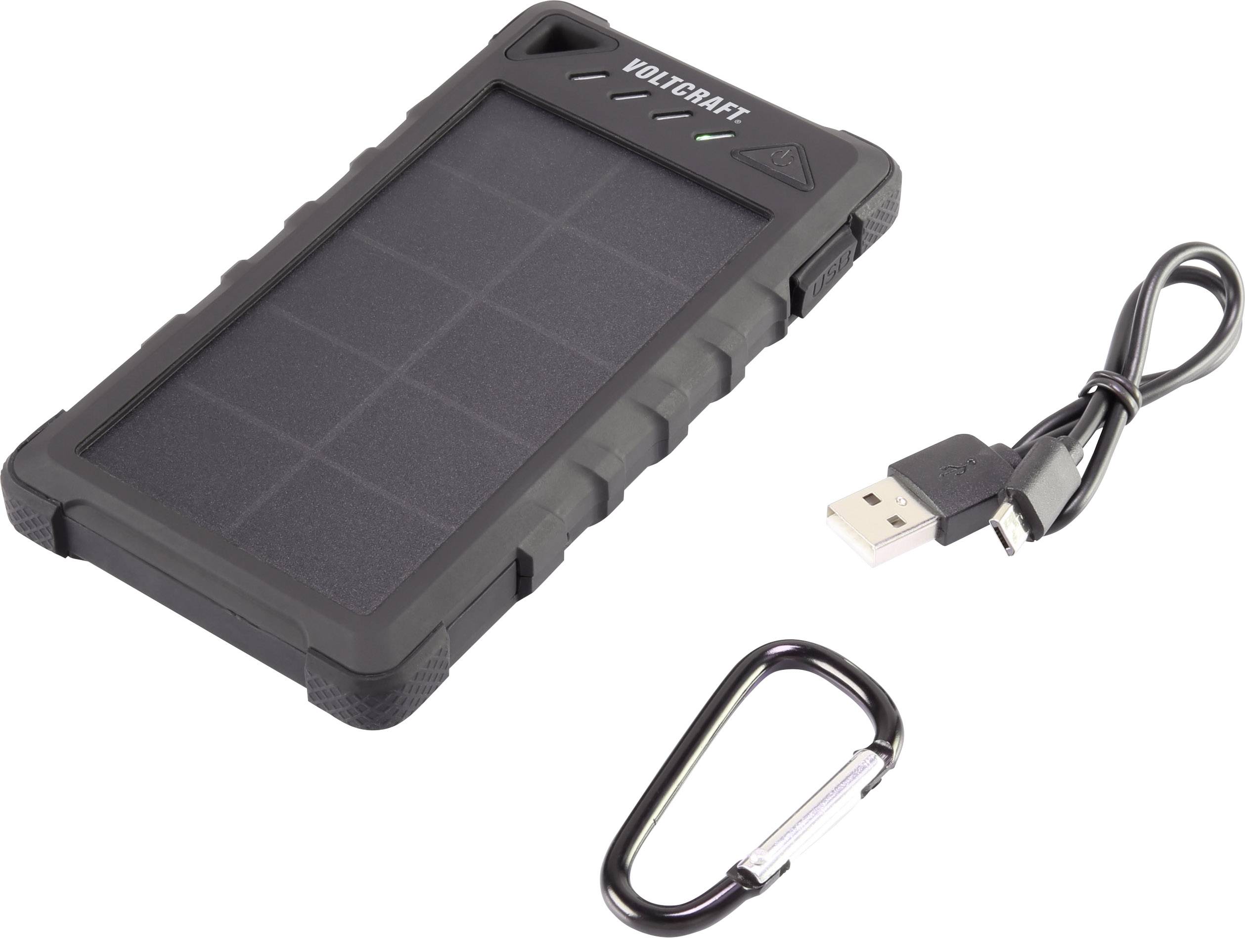 Tragbares Solarladegerät mit USB-Kabel und Karabinerhaken abgebildet. Das Gerät hat ein Solarpanel zur Energiegewinnung.