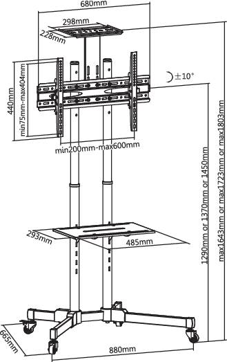 SpeaKa Professional SP-6646948 Base-Line TV-Rollwagen 94,0cm (37") - 177,8cm (70") Neigbar, Höhenverstellbar