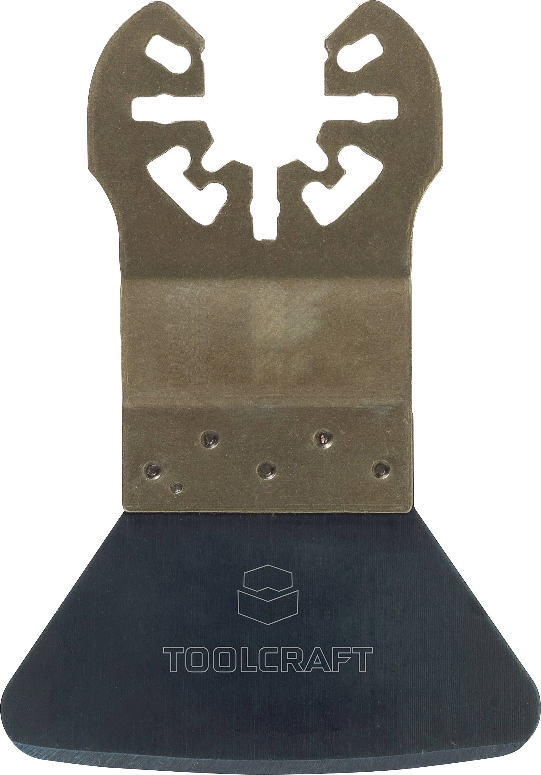 Ein Sägeblatt von Toolcraft, geeignet für Multifunktionswerkzeuge, mit einem breiten Schneidkopf und einer speziellen Befestigungsvorrichtung.