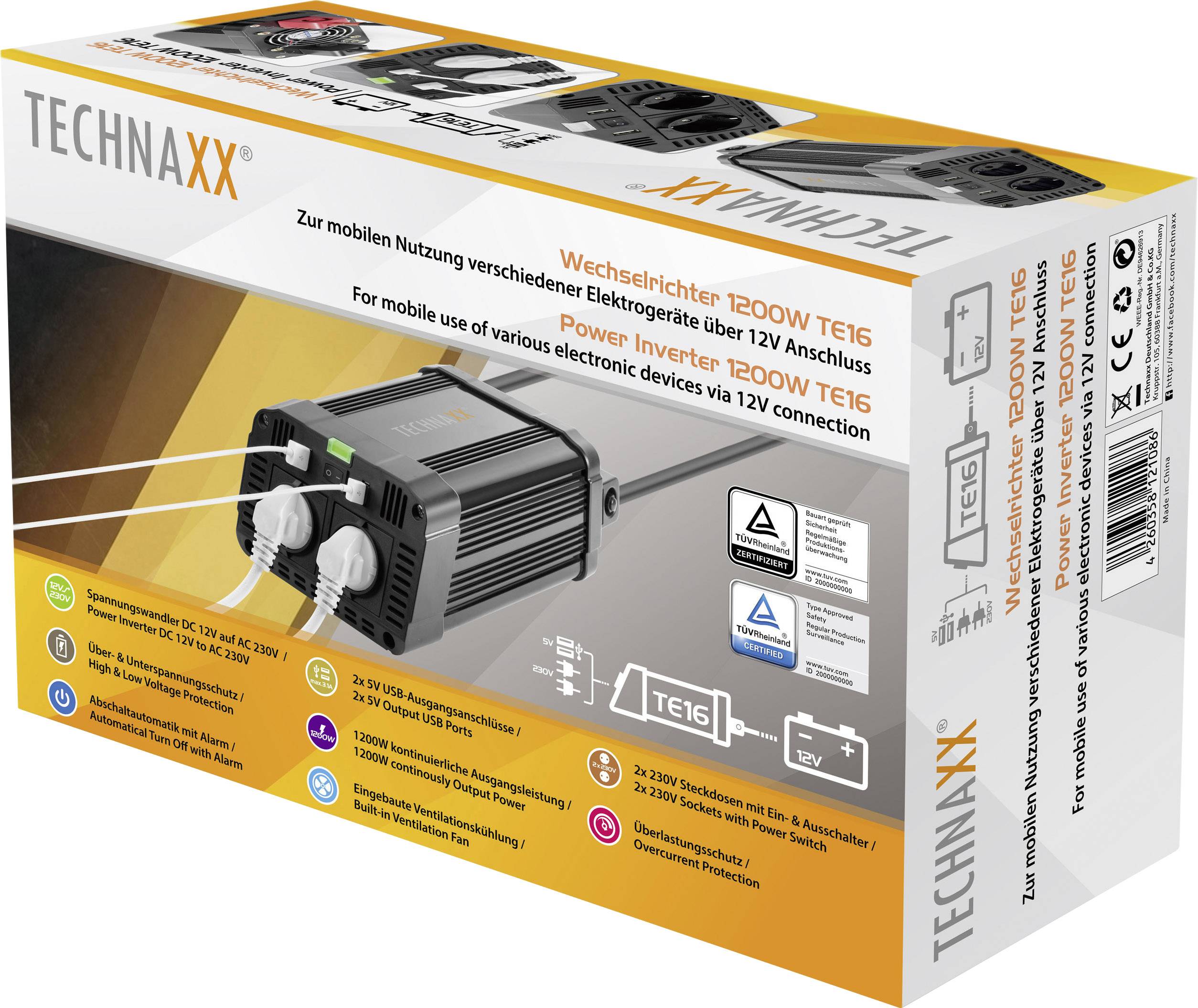 Technaxx Wechselrichter TE16 1200W 12 V/DC - 230 V/AC