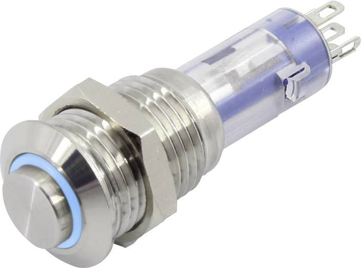 Ein runder, metallischer Druckknopfschalter mit drei Anschlüssen und einem blauen LED-Ring. Geeignet für elektrische Anwendungen.
