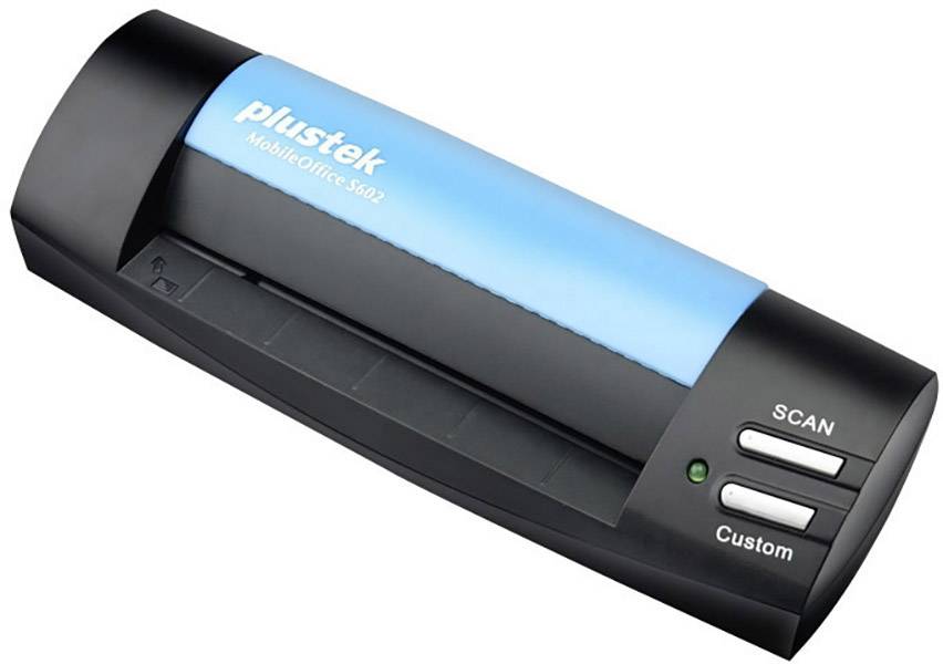 Ein tragbarer Scanner mit blauer Abdeckung und schwarzen Seiten, Tasten für 'Scan' und 'Custom', geeignet für mobiles Scannen.