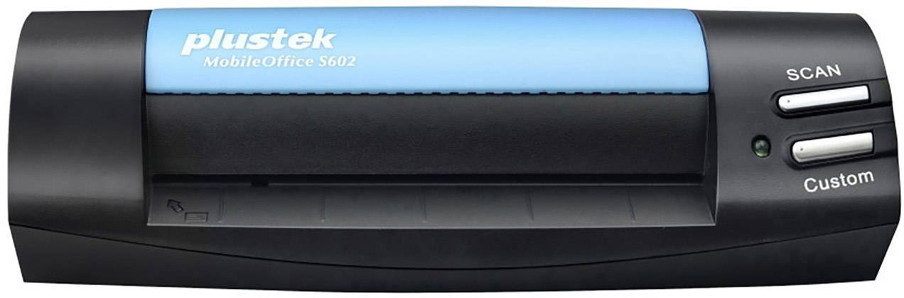 Schwarzer und blauer mobiler Scanner 'Plustek MobileOffice S602' mit zwei Tasten: 'Scan' und 'Custom'.