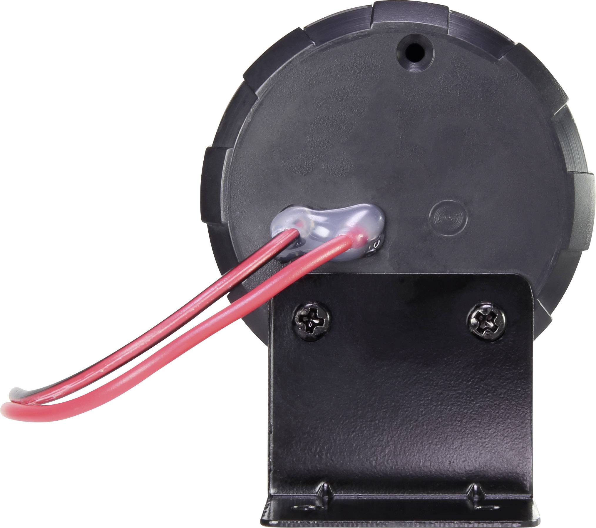 Rückseite eines schwarzen elektrischen Geräts mit zwei roten Drähten an einem Metallhalter befestigt.