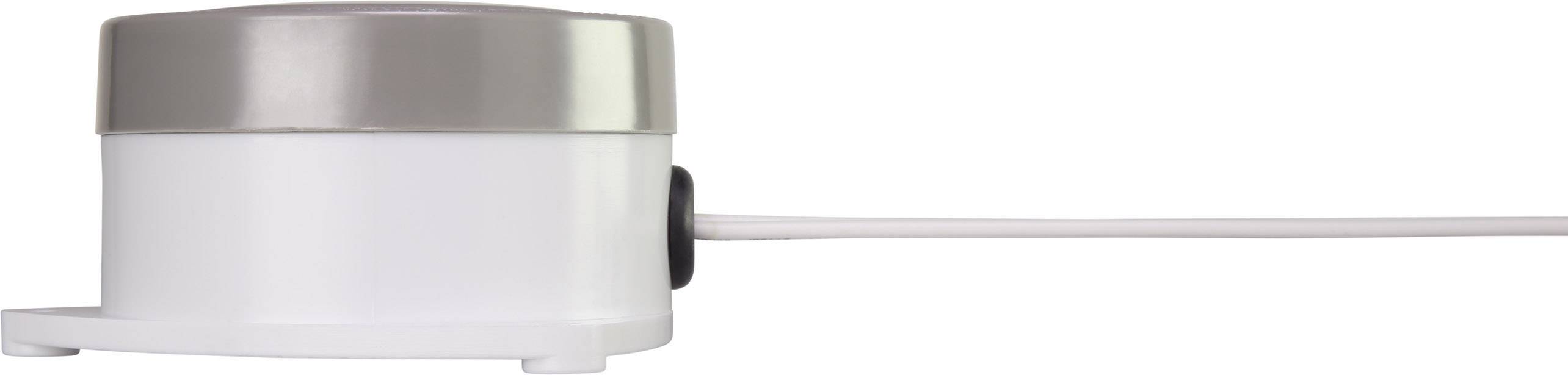 Ein weißer, runder Sensor mit einem silbernen Deckel ist seitlich abgebildet. Ein Kabel ist an der Rückseite des Sensors angeschlossen.