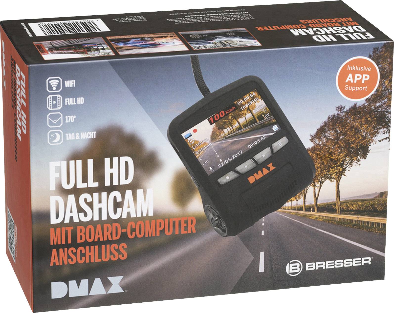 DMAX OBD Dashcam Blickwinkel horizontal max.=170° 12V OBD Fahrzeugdatenübertragung, WLAN, Display, Mikrofon