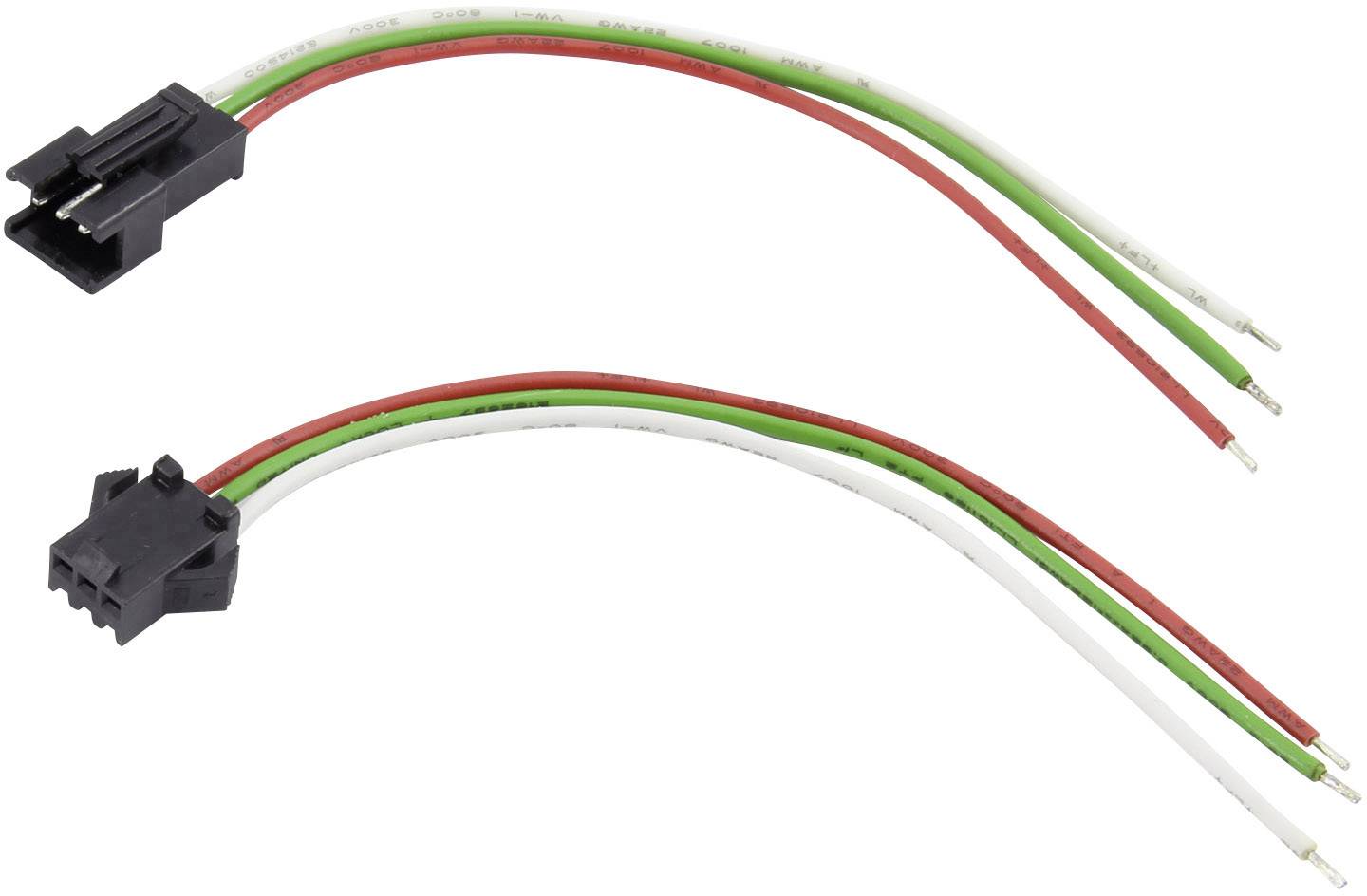 Zwei Kabelbäume mit Steckern und drei farbigen Drähten (rot, grün, weiß) für elektrische Verbindungen.