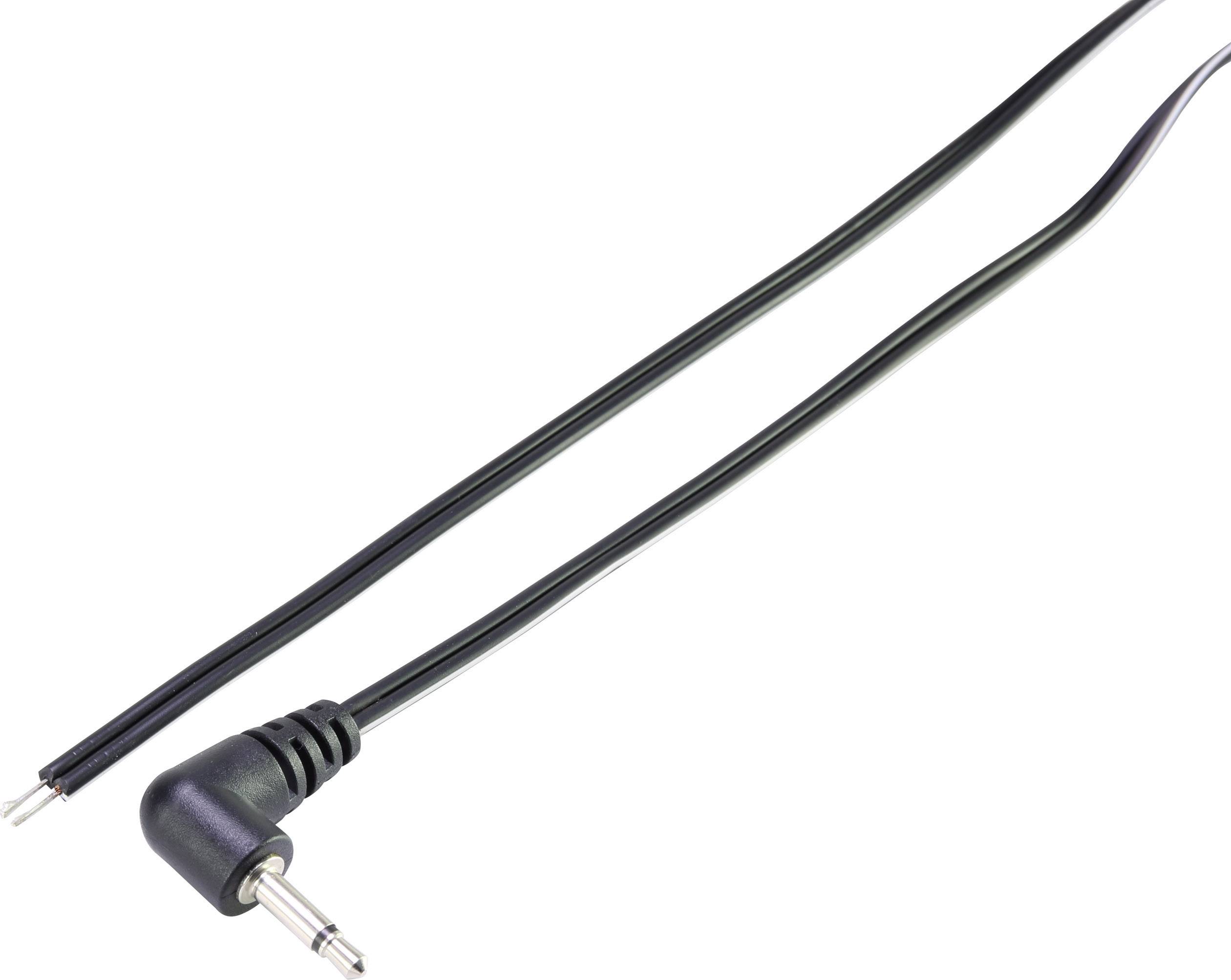 Ein schwarzes Audiokabel mit einem 3,5-mm-Winkelstecker und zwei offenen Enden, die für elektrische Verbindungen vorbereitet sind.