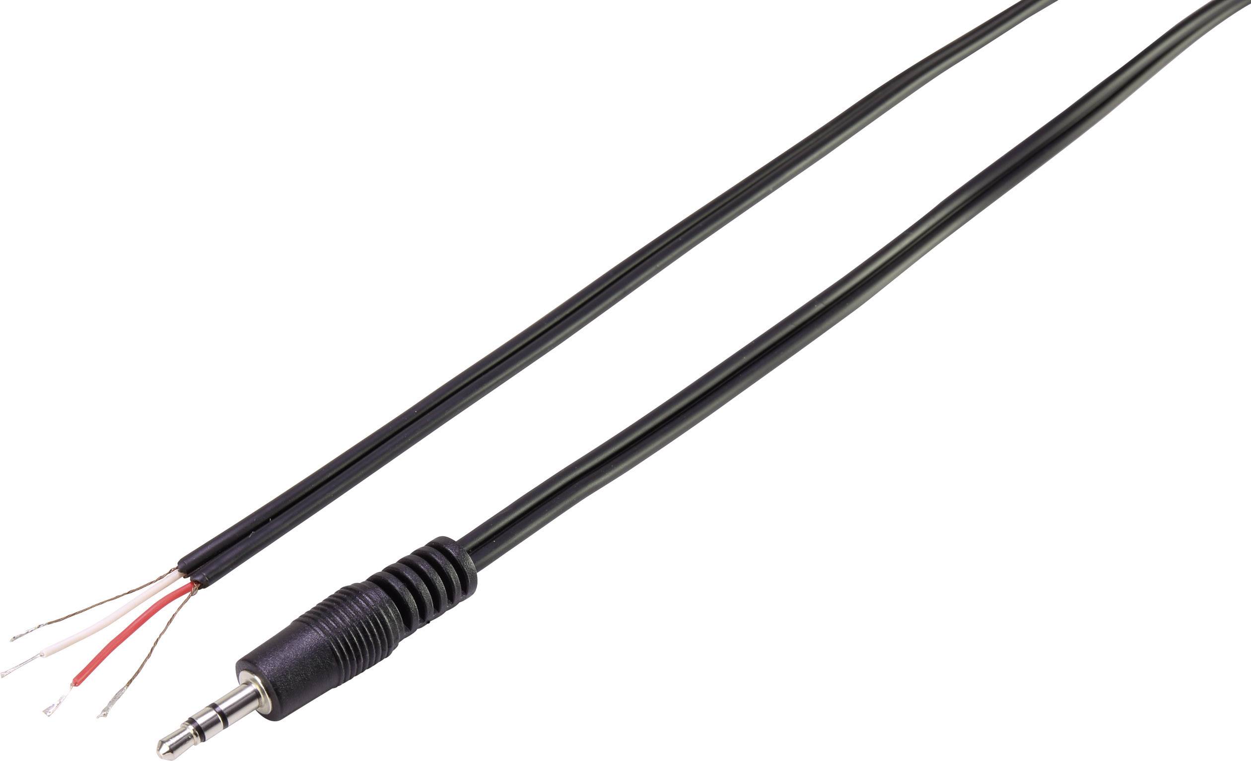 Schwarzes Audiokabel mit 3,5-mm-Klinkenstecker links, abisolierten Kabelenden rechts sichtbar.