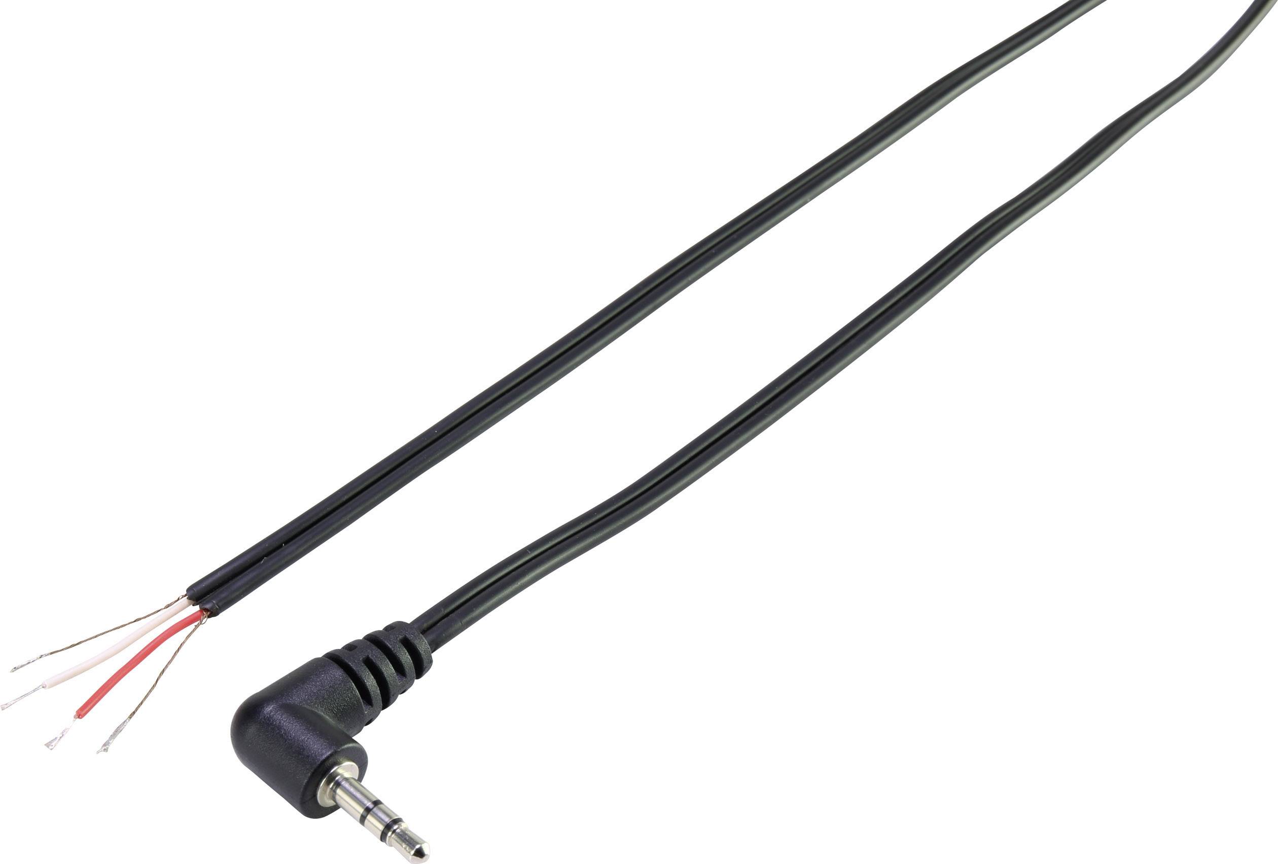 Ein schwarzes Audiokabel mit 3,5-mm-Klinkenstecker endet offen mit drei farbigen Drähten: rot, weiß und blank.
