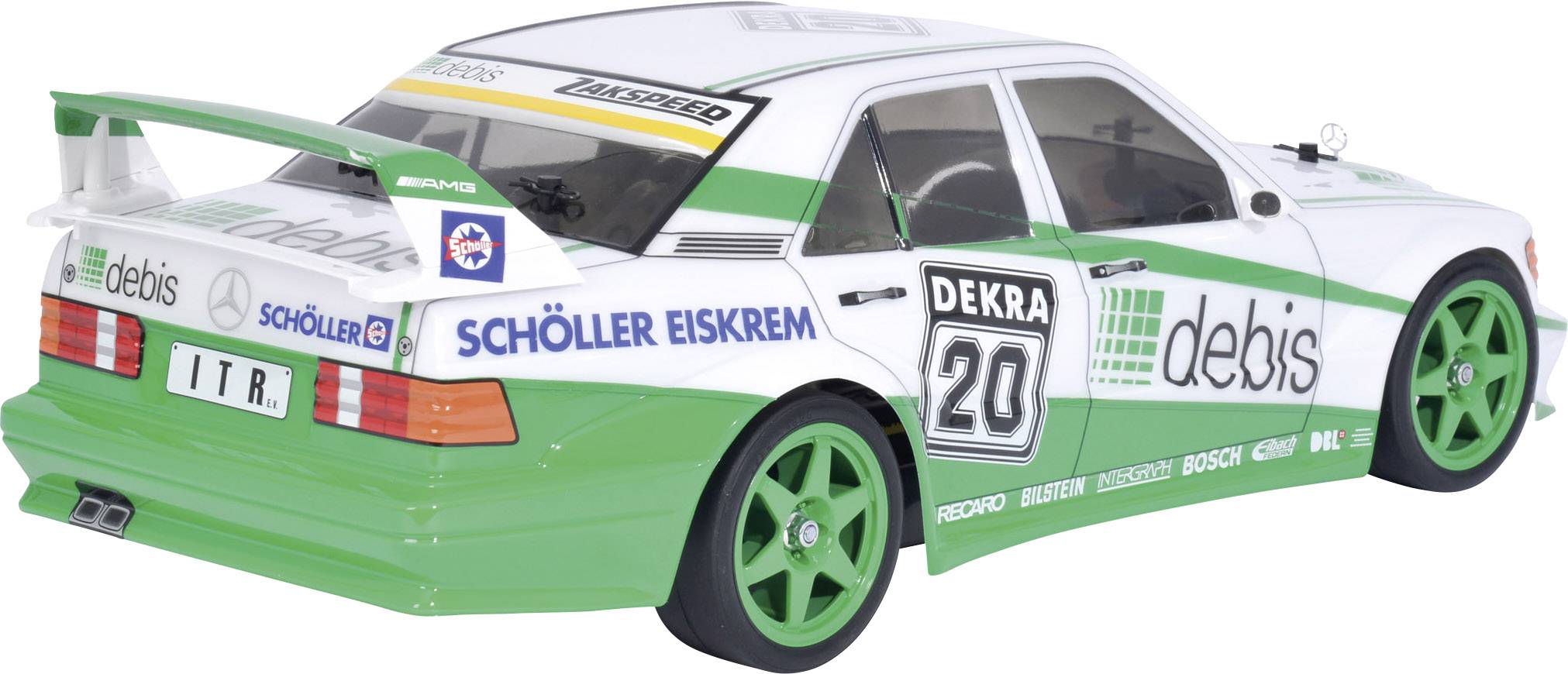 Ein Modellauto mit grün-weißer Lackierung und Aufschrift 'debis' und 'Schöller Eiskrem'. Nummer 20 auf der Tür.