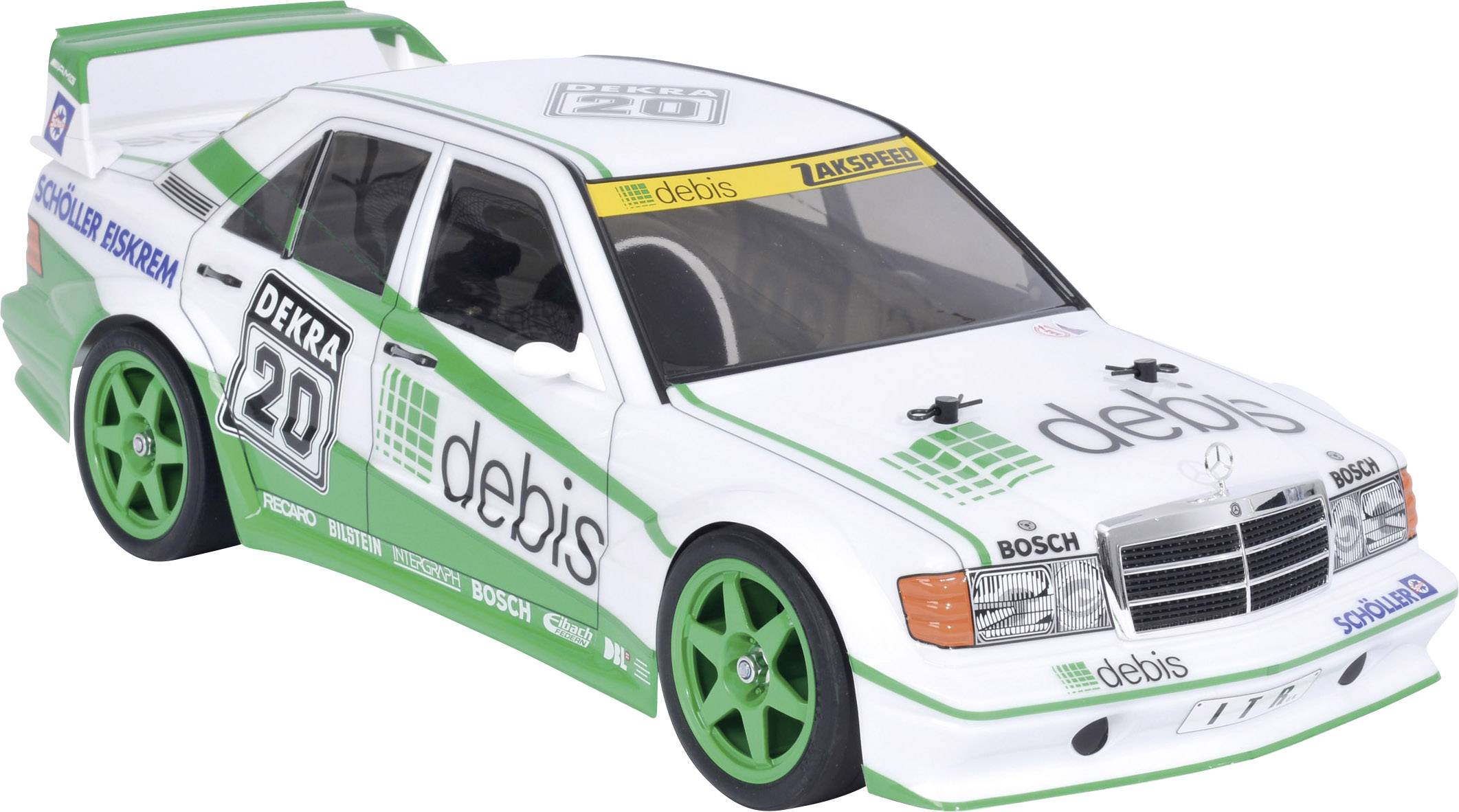 Ein weißes Modellauto mit grünen Akzenten, das einem Rennwagen ähnelt. Das Auto hat Aufschriften 'debis', 'Dekra', und 'Zakspeed'.